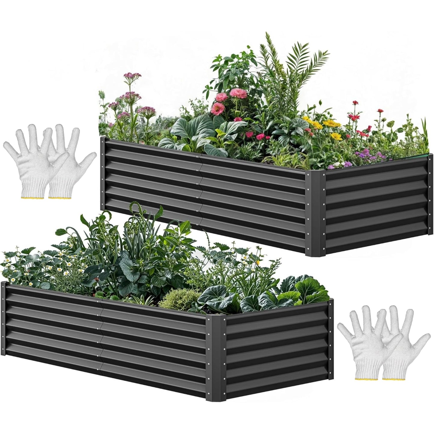 YITAHOME 72x36x18 in 2pcs Galvanized Raised Garden Bed Kit, Large Metal Planter Box with Gloves & Support Rod, Outdoor Flower Bed for Plants Vegetables, Black