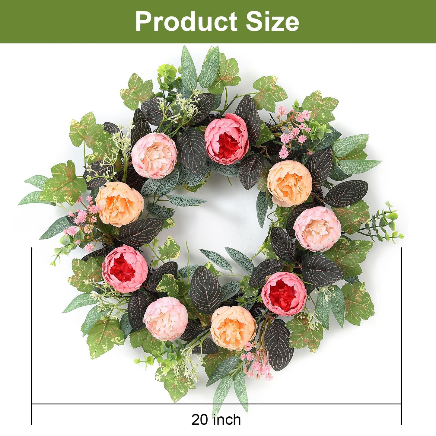 20" Peony Wreath for Front Door – Spring Summer Artificial Pink Peony Floral Wreath for Wall, Window, and Wedding Decor