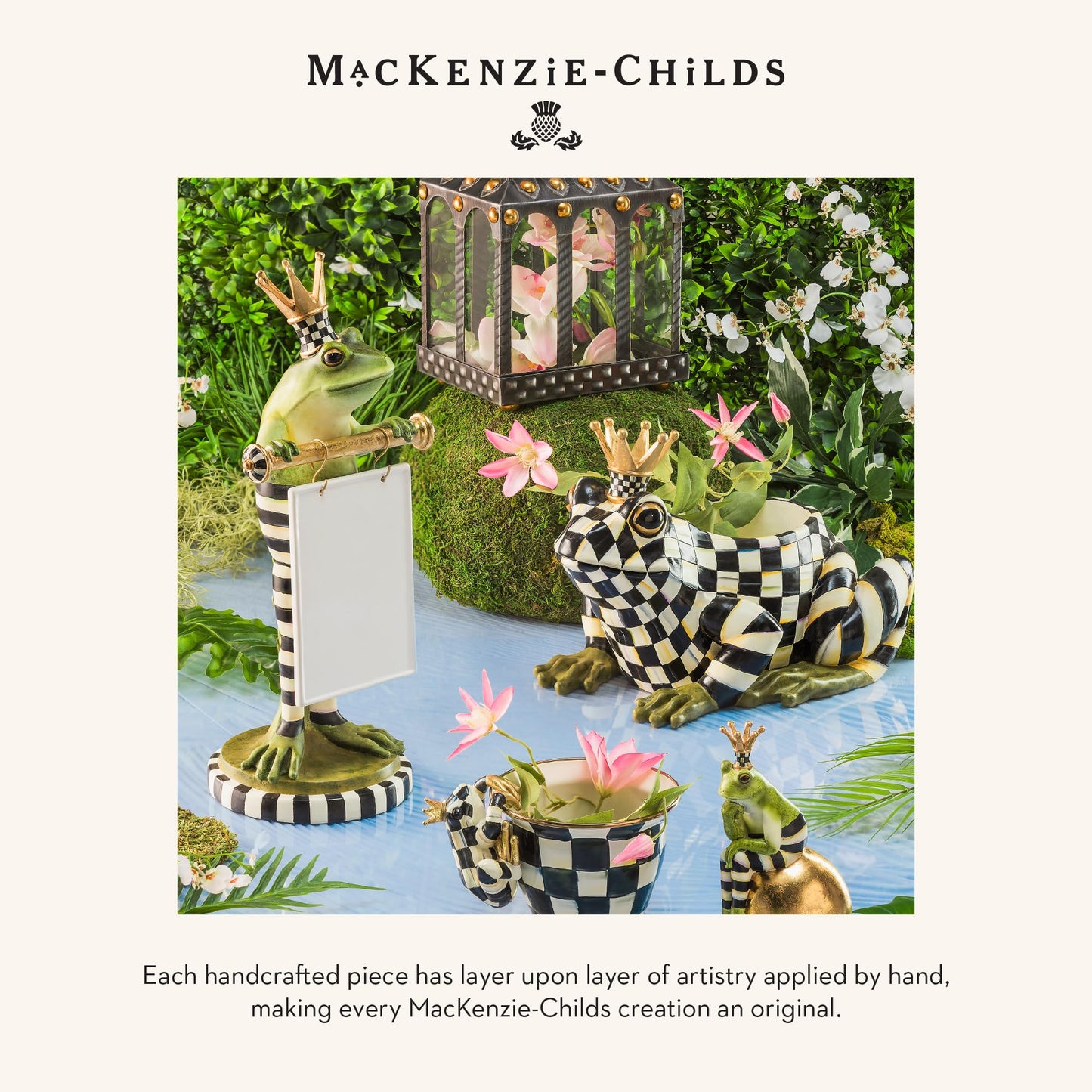 MACKENZIE-CHILDS Fergal Frog on Ball, Cute Frog Statue, Unique Frog Decoration for Bathroom or Living Room