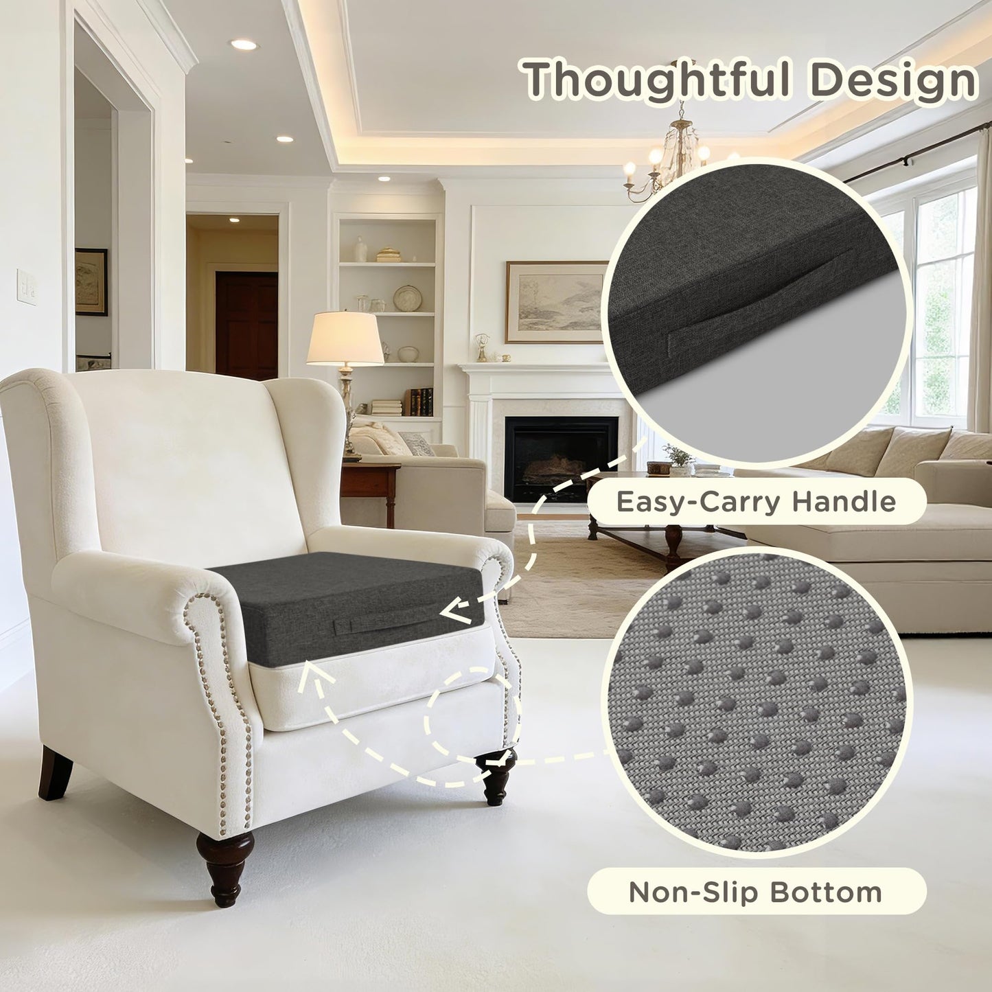 MineCozy Recliner Cushions for Elderly Square Chair Pads with Non-Slip Bottom for Couch Armchairs Booster Comfy 20"x20"x3.8" Recliner Cushion for Long Sitting with Washable Cover 1 Pack Dark Grey