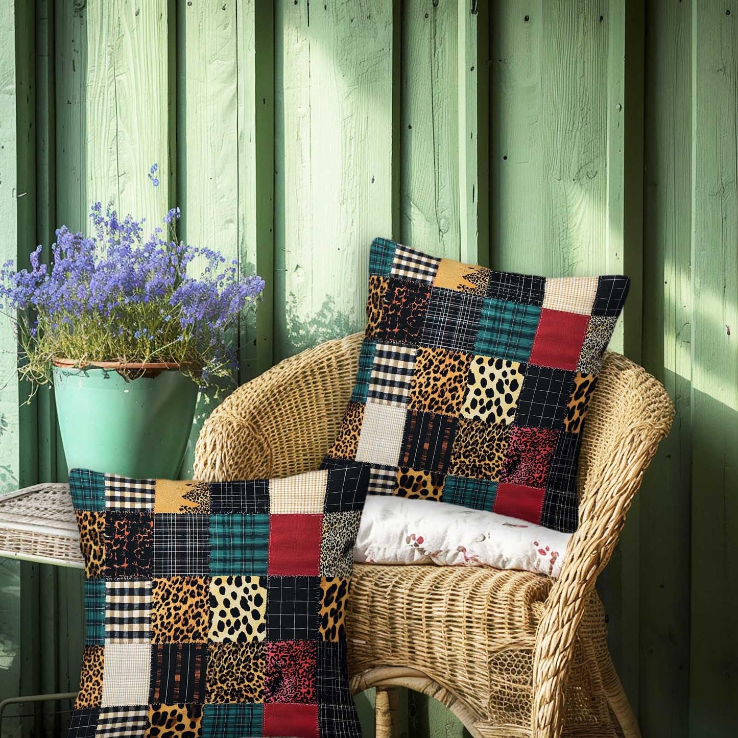 ZibZorp Patchwork Plaid Leopard Pillow Covers 18x18 Set of 2 | Rustic Decorative Cushion Cases | Mixed Pattern Pillowcases | Eclectic Throw Covers for Sofa Living Room Bedroom Decor
