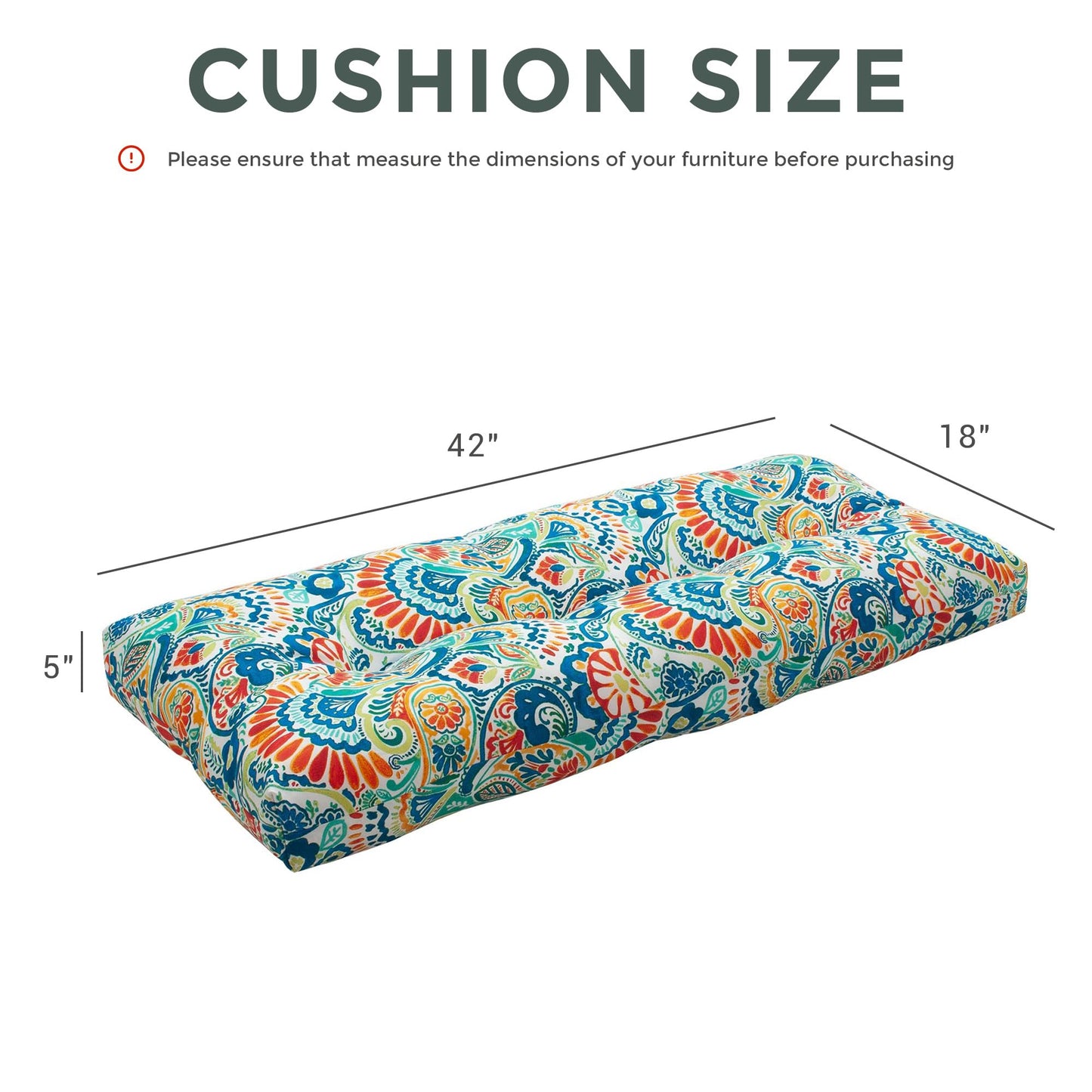 Magpie Fabrics Indoor Outdoor Bench Cushion 42"x18", Non-Slip Tufted Long Seat Pads, Patio Loveseat Cushion for Window, Garden, Swing, Settee - Paisley Multi