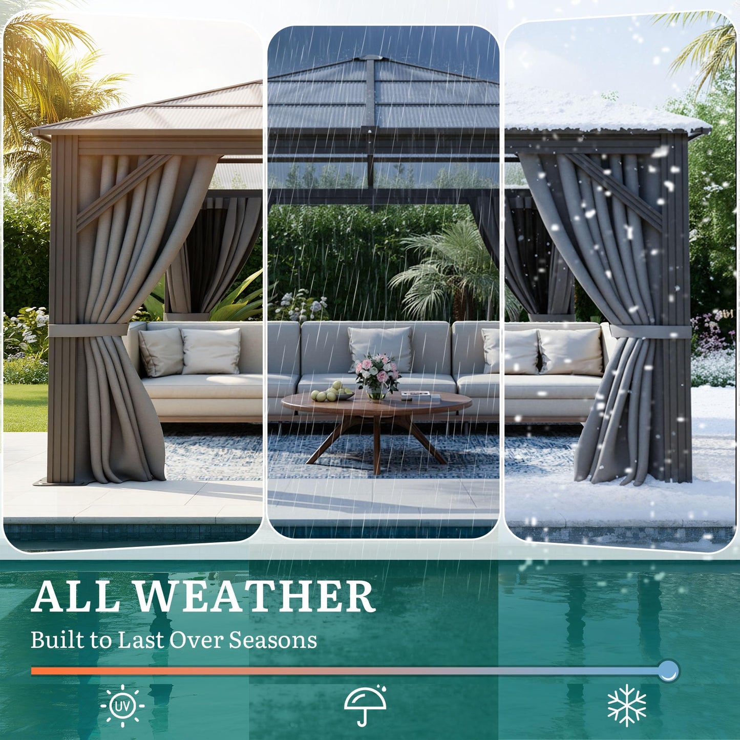 YITAHOME 10x10ft Gazebo Hardtop Outdoor Polycarbonate Canopy with Netting and Shaded Curtains, Metal Frame Garden Tent for Patio, Backyard, Deck and Lawns