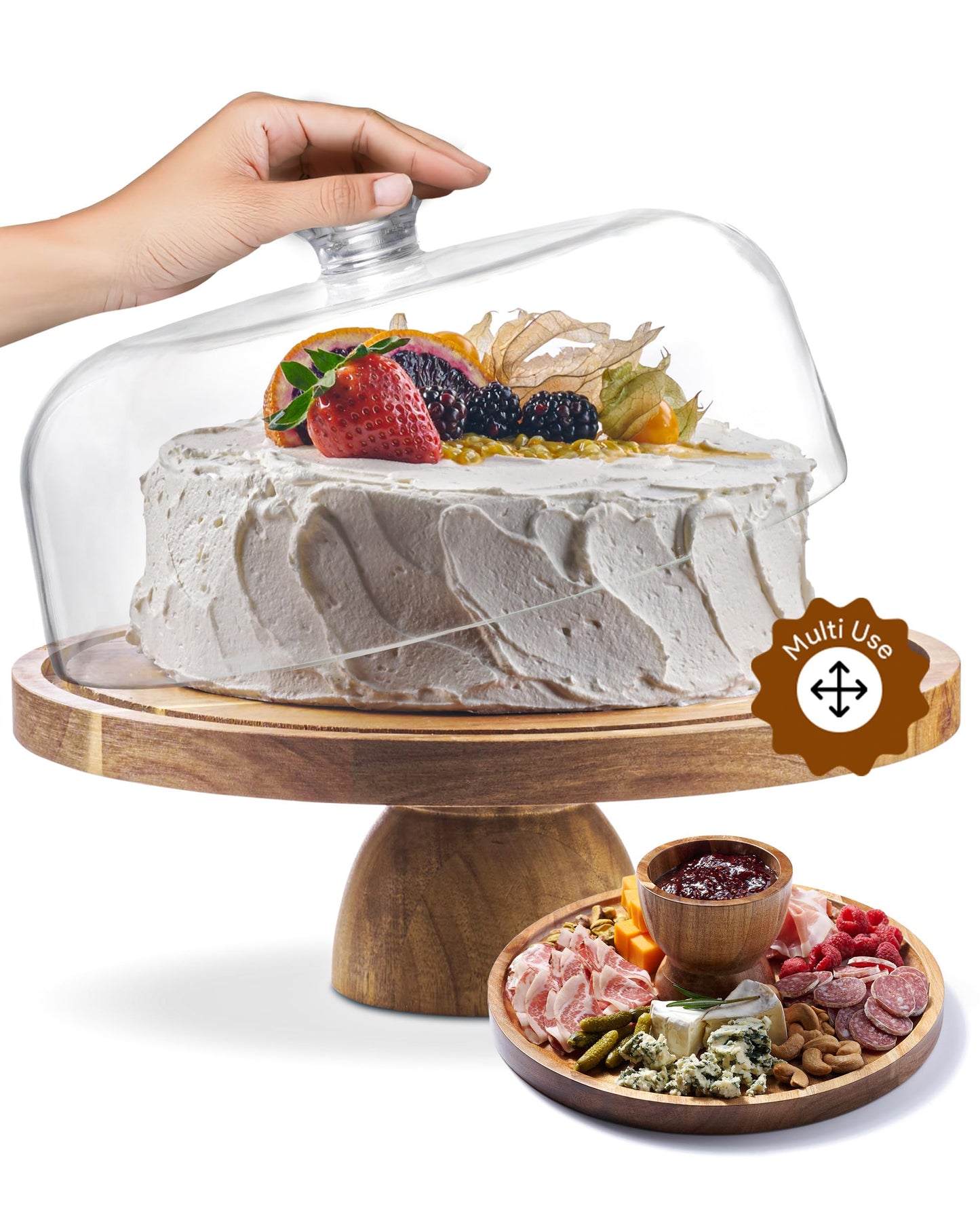 HOMESPHERE Acacia Wood Cake Stand with Lid - Cake Stand with Dome,12in Round Cake Holder, 2-in-1 Dessert Table Display Set & Charcuterie Board for Cheese, Chips & Dips, Fruit Platter, Large Acrylic Cake Dome Cover