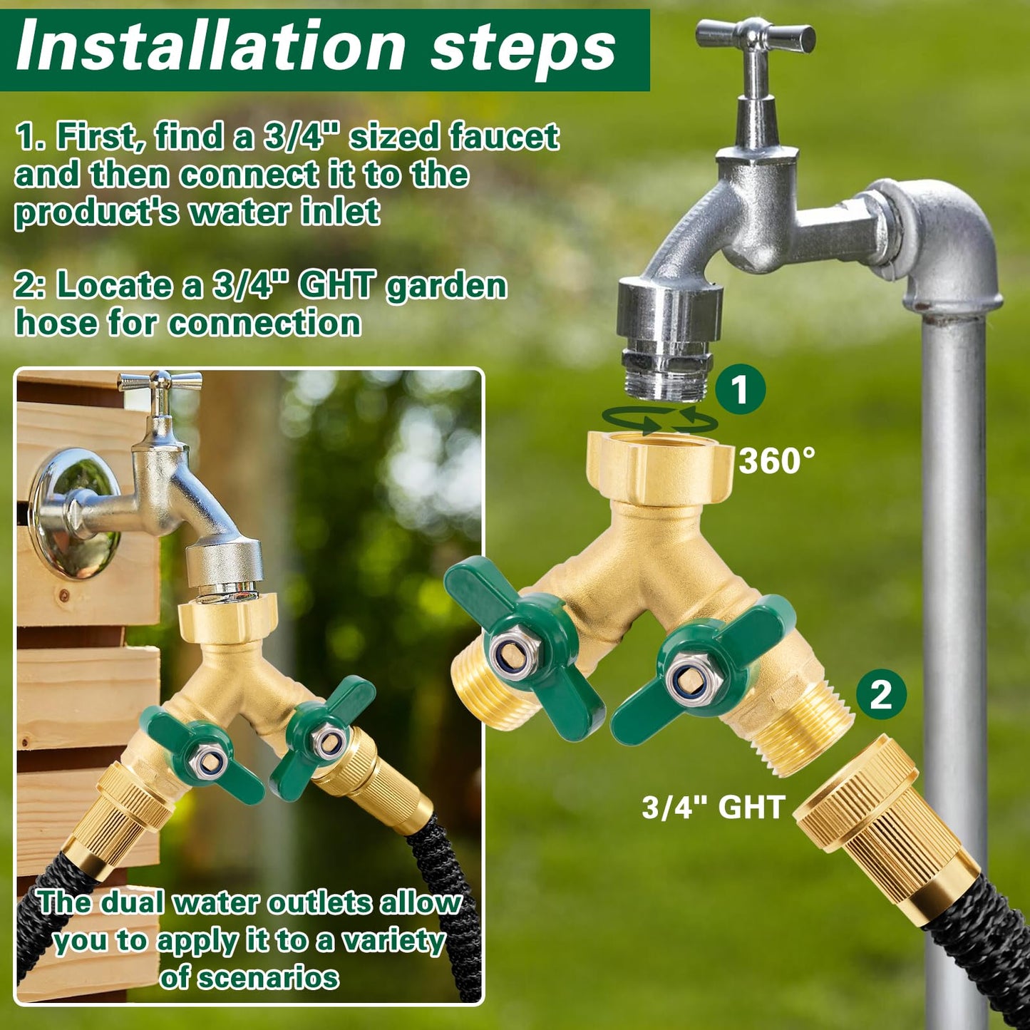 Cekwiet Heavy Duty Garden Hose Splitter 2 Way, Brass Full Flow Y Hose Splitter with Thickened Easy-Turn Handle, 3/4" GHT Outdoor Faucet Connector with Shut-Off Valves
