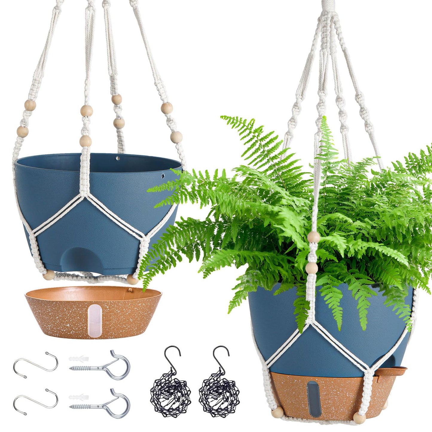Fielda Hanging Planter Self Watering 10 Inch, 2 Pack Hanging Baskets for Plants, Hanging Flower Pots with Drainage Hole & 2 Kinds of Plant Hangers for Garden Home Decor (Navy Blue, 10 Inch)