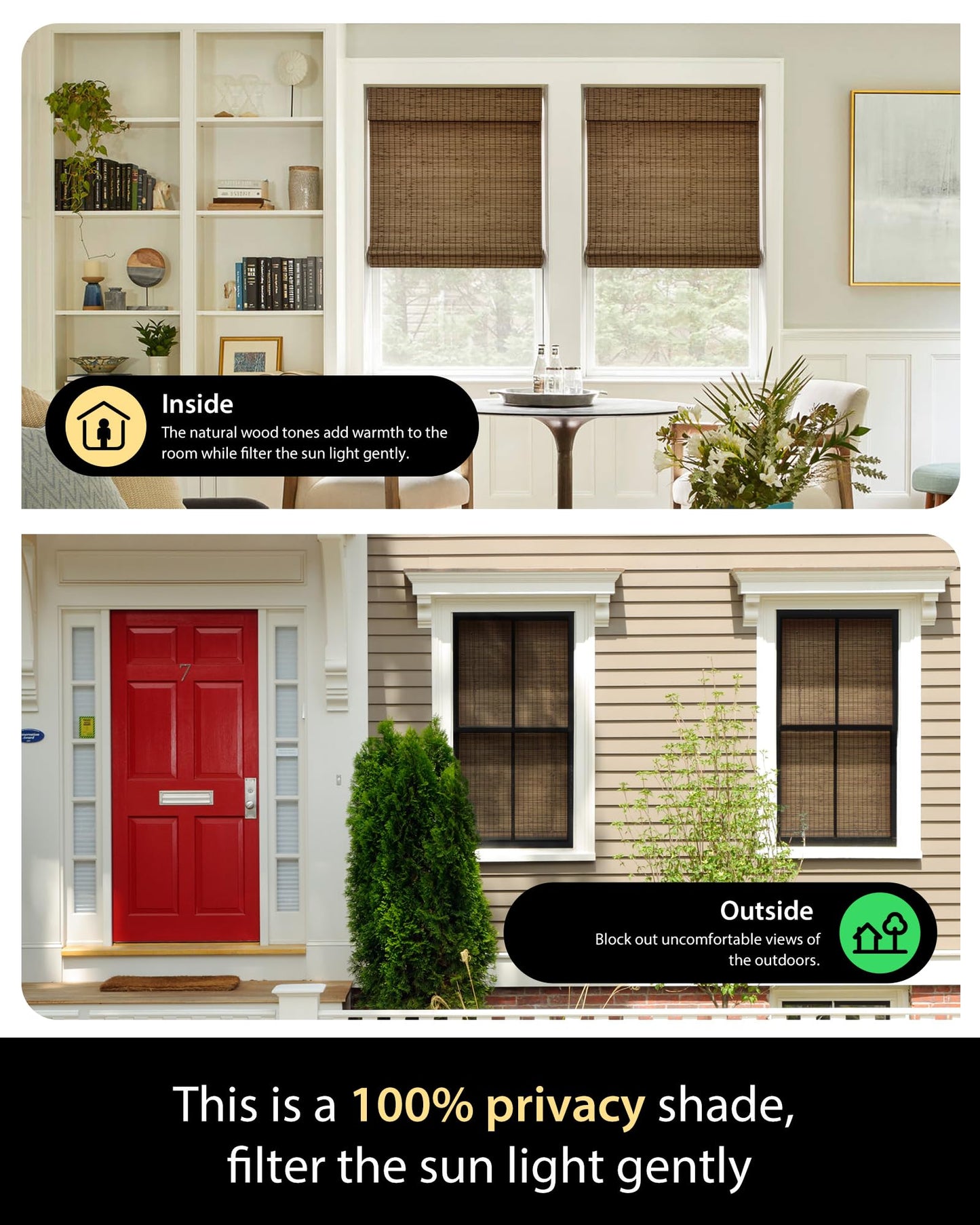 UNISHADES Cordless Bamboo Roman Shades for Windows, Blinds Size (26.5" W ×48" H) Colour (Highfield Teak)