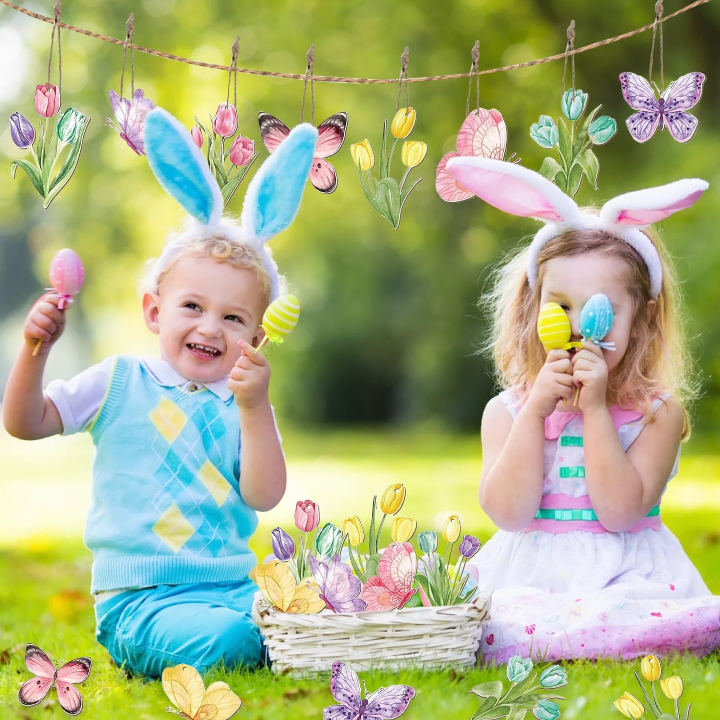 JNYVE 36 Pcs Spring Tree Ornaments: Spring Wooden Flowers Decorations Tulip Butterfly Hanging Decor for Small Tree Home Party