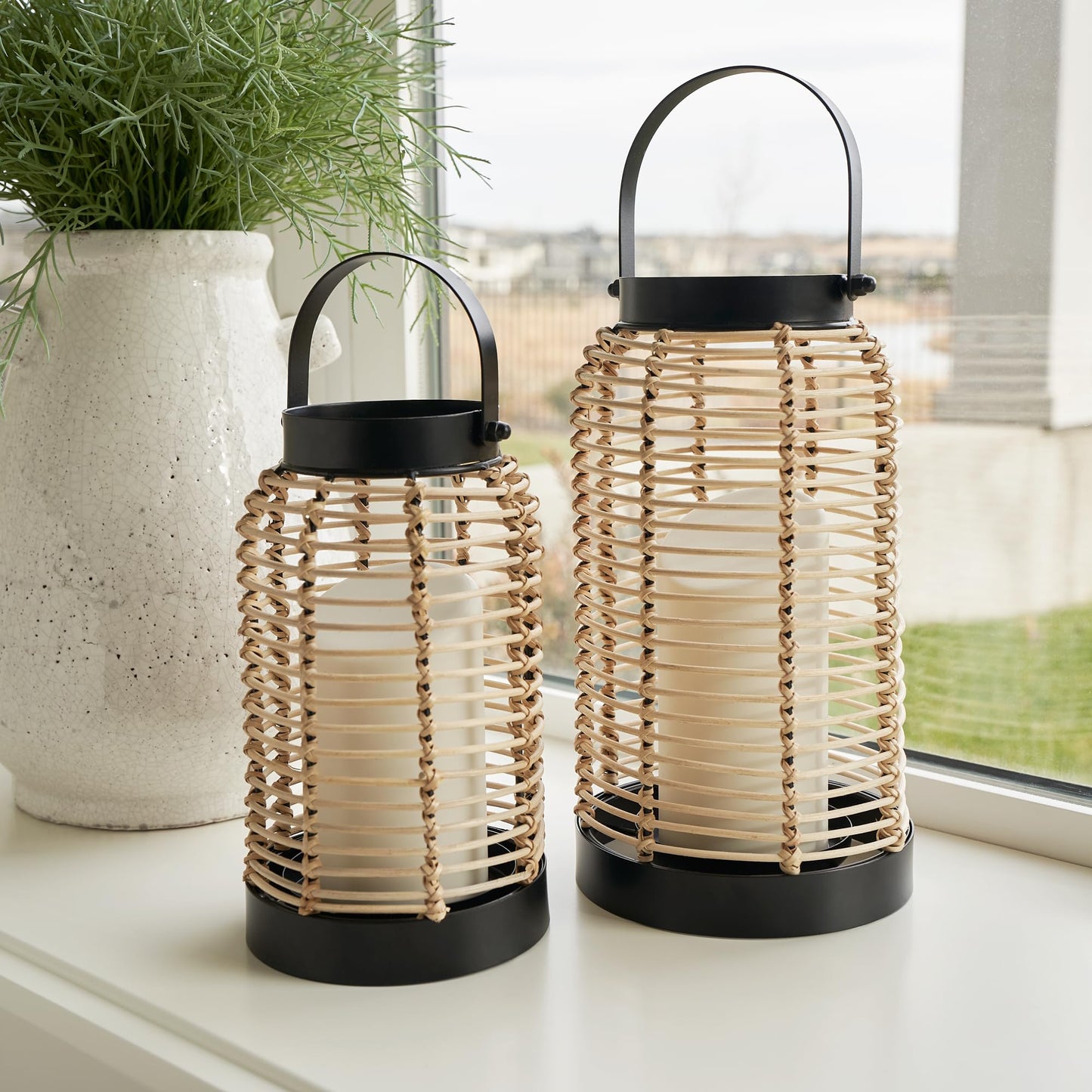 Natural Rattan Boho Lanterns - Handcrafted Chic Decor to Enhance Your Home - Modern Farmhouse Beauty Perfect for Any Living Room, Patio & Porch, Indoor and Outdoor Coffee Table or Kitchen Dining Table