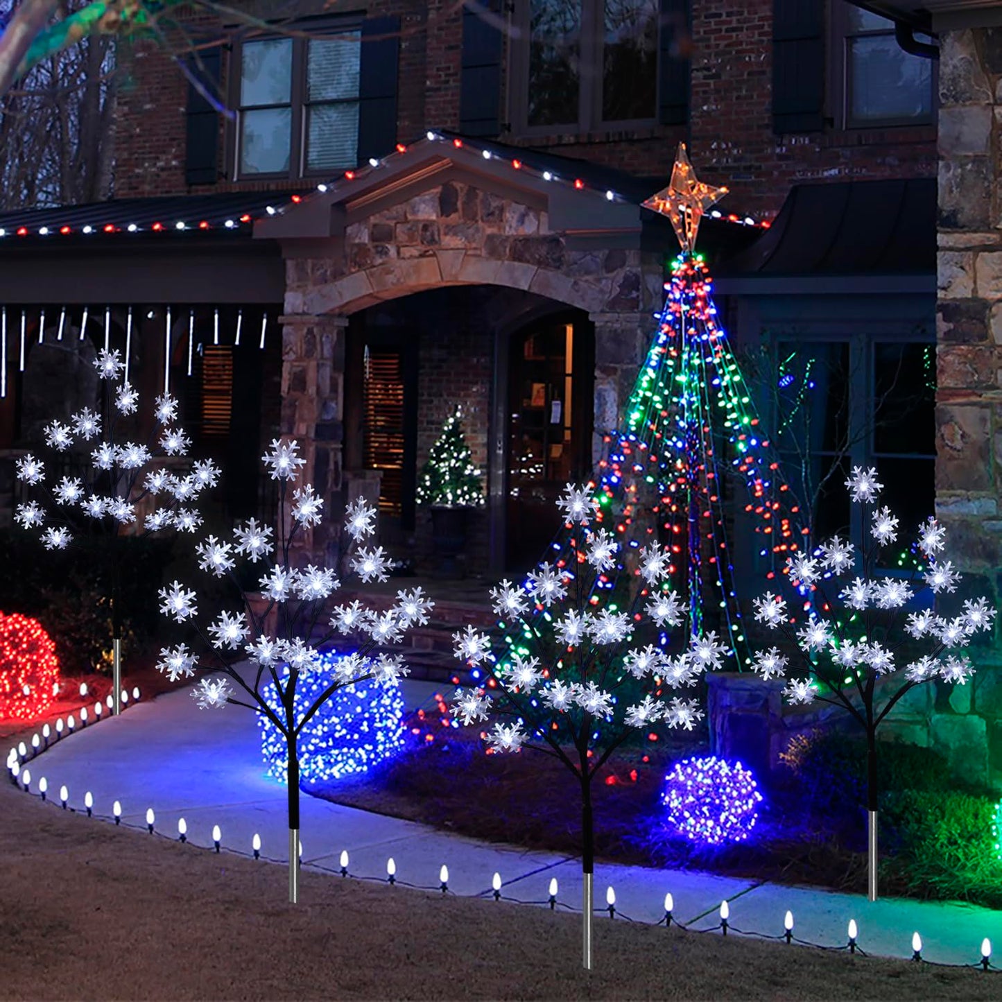 4-Pack 80LEDs Solar Christmas Snowflake Stake Lights, 8 Modes Solar Snowflake Christmas Decorations Outdoor Lights, Waterproof Outdoor Xmas Decorations for Garden Yard Pathway Walkway