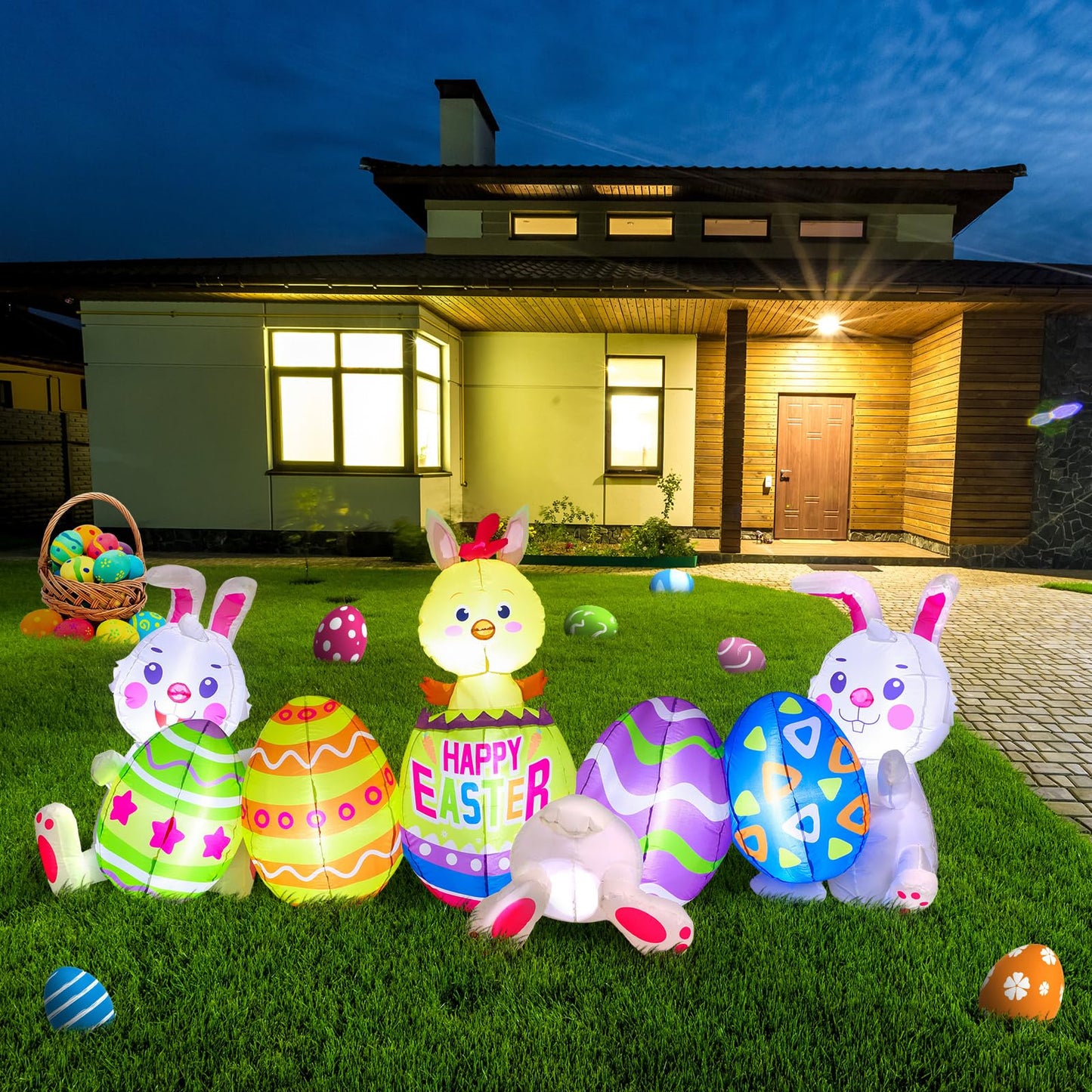 Shappy 7.2 ft Long Easter Inflatable Bunny Outdoor Decorations with Egg Chick Lighted Easter Bunny Blow up Yard Decorations, Built-in LED Lights for Outdoor Holiday Yard Garden Lawn Party