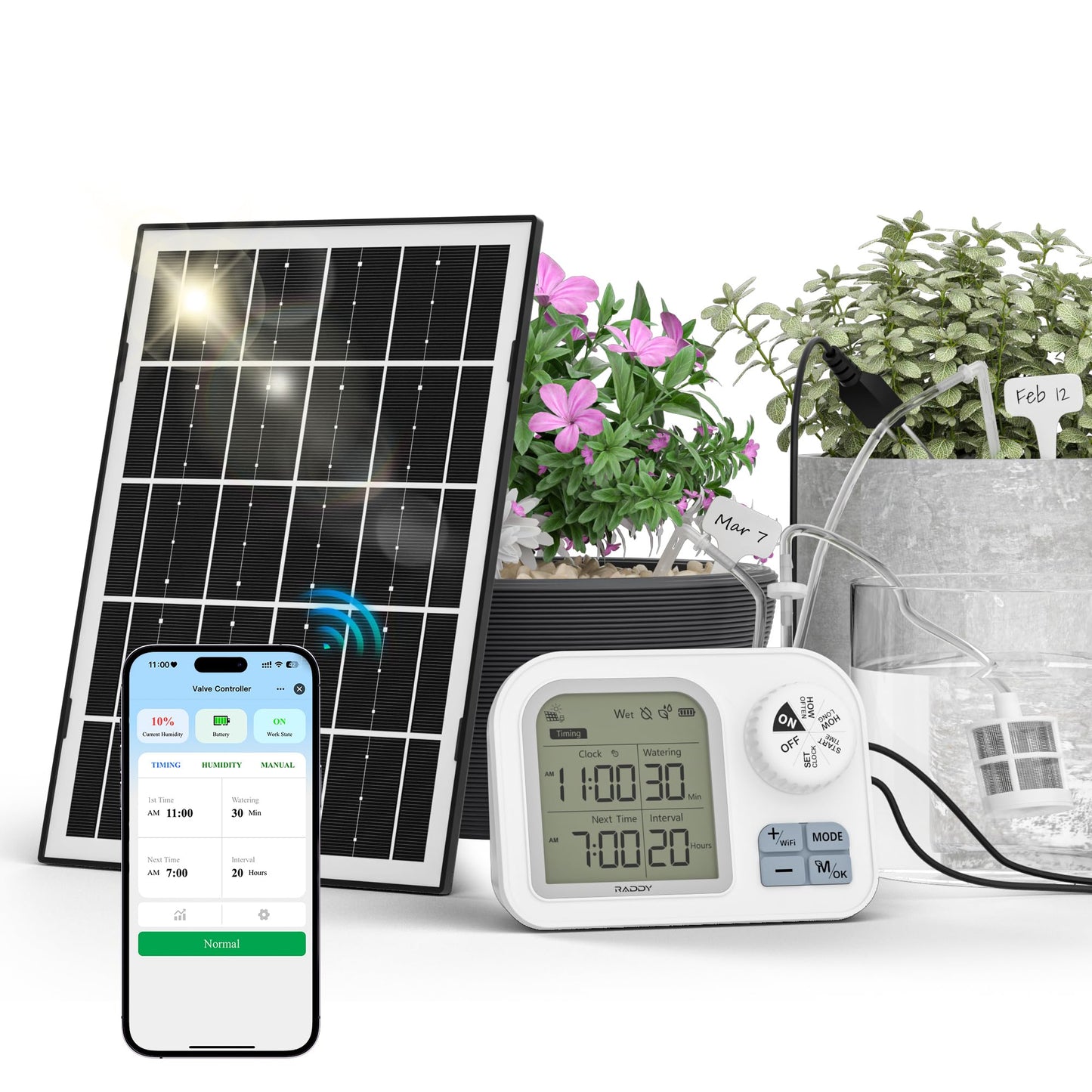 Raddy WS-74 Solar Drip Irrigation System with Smart APP Control, IPX7 Waterproof, Adjustable Soil Moisture Sensor, 2600mAh Battery, Automatic Watering Kits for Indoor Outdoor 15 Potted Plants