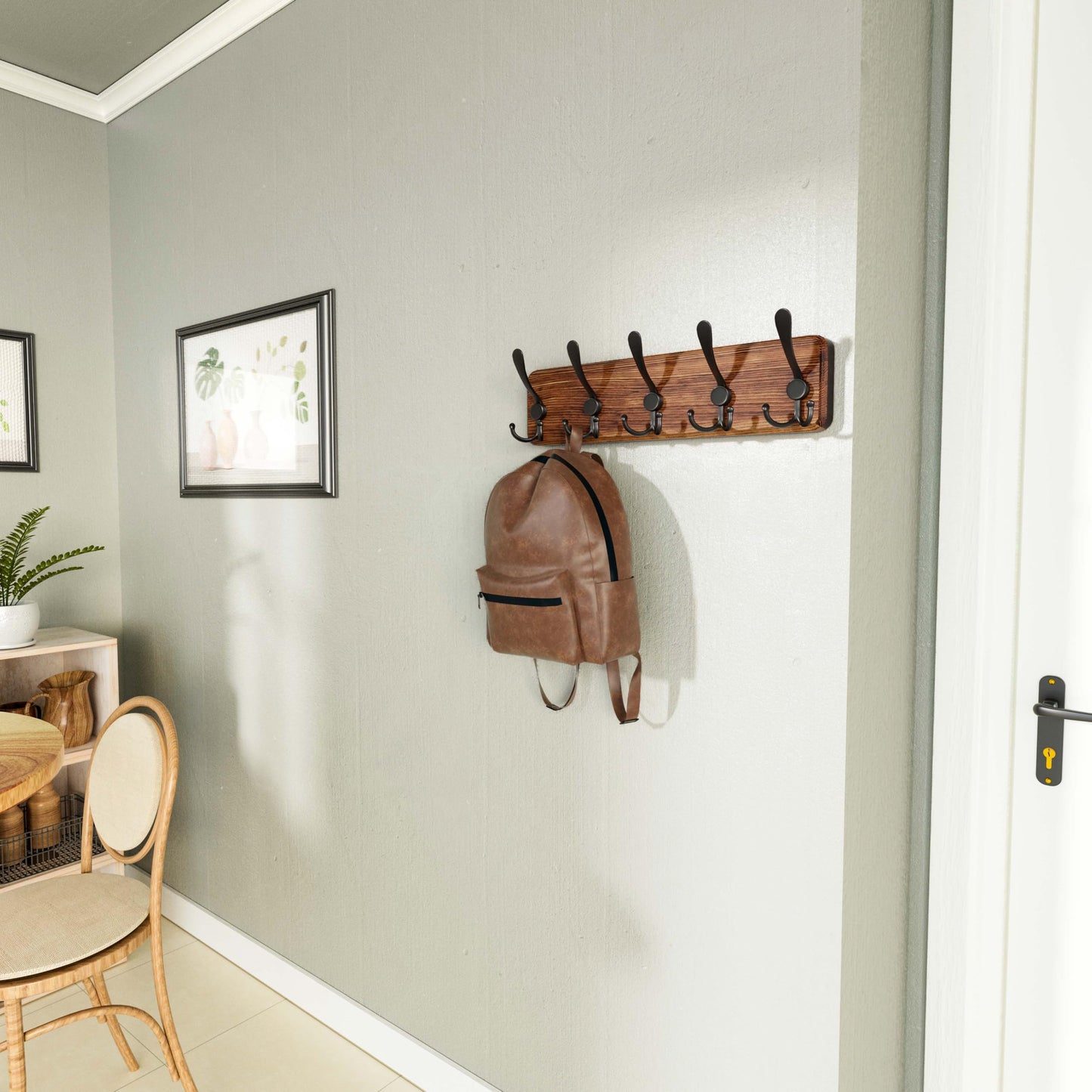 SKOLOO Rustic Wall Mounted Coat Rack: 16" Stud Spacing, Pine Real Wood Plank Wall Coat Rack with 5 Triple Hooks, Farmhouse Coat Hanger Wall Mount for Hanging Backpack Jacket Coat Hat