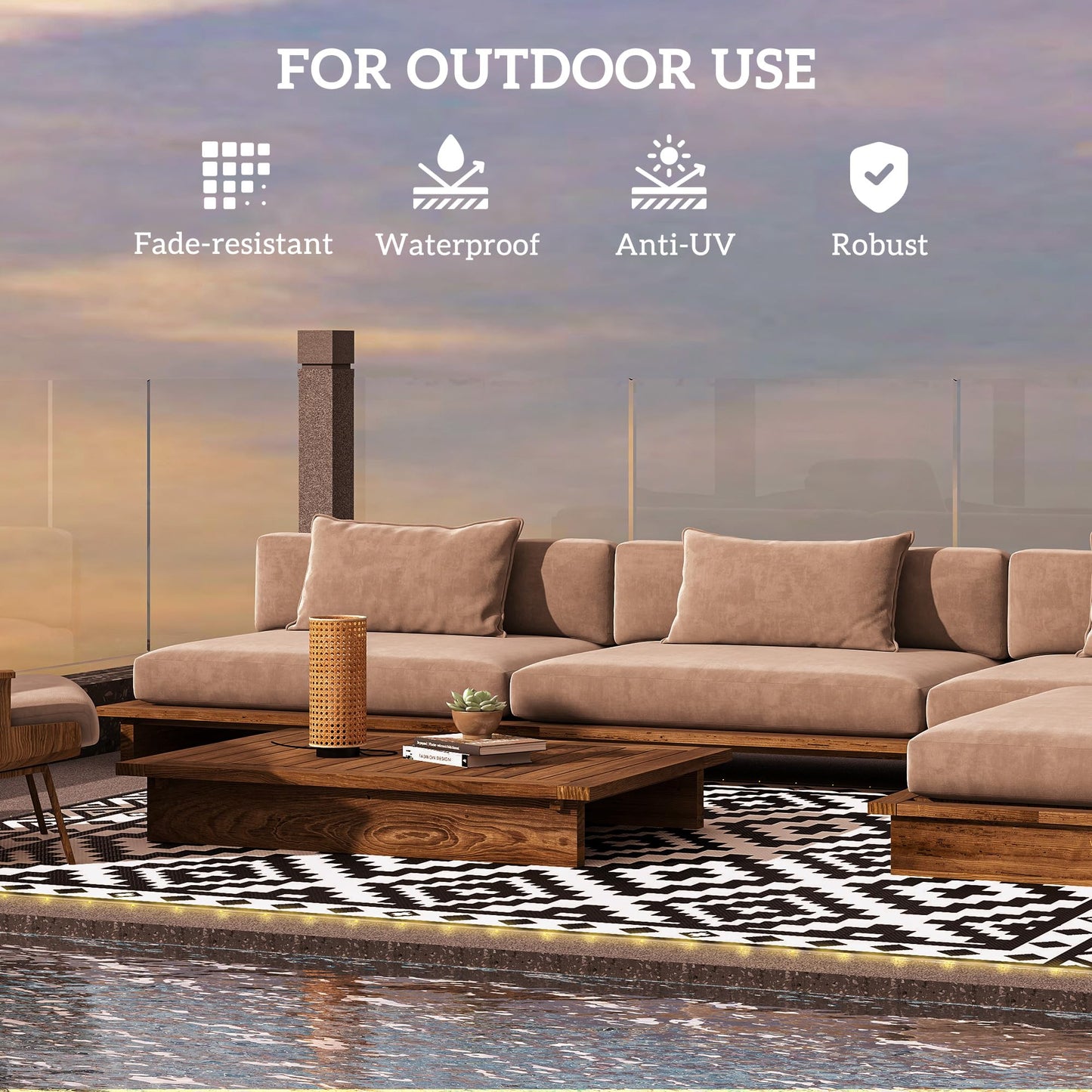 Outsunny Reversible Outdoor Rug Carpet, 12' x 9' Waterproof PP Plastic Straw Rug, Portable RV Camping Mat with LED String Lights, Floor Mat Area, Black and White