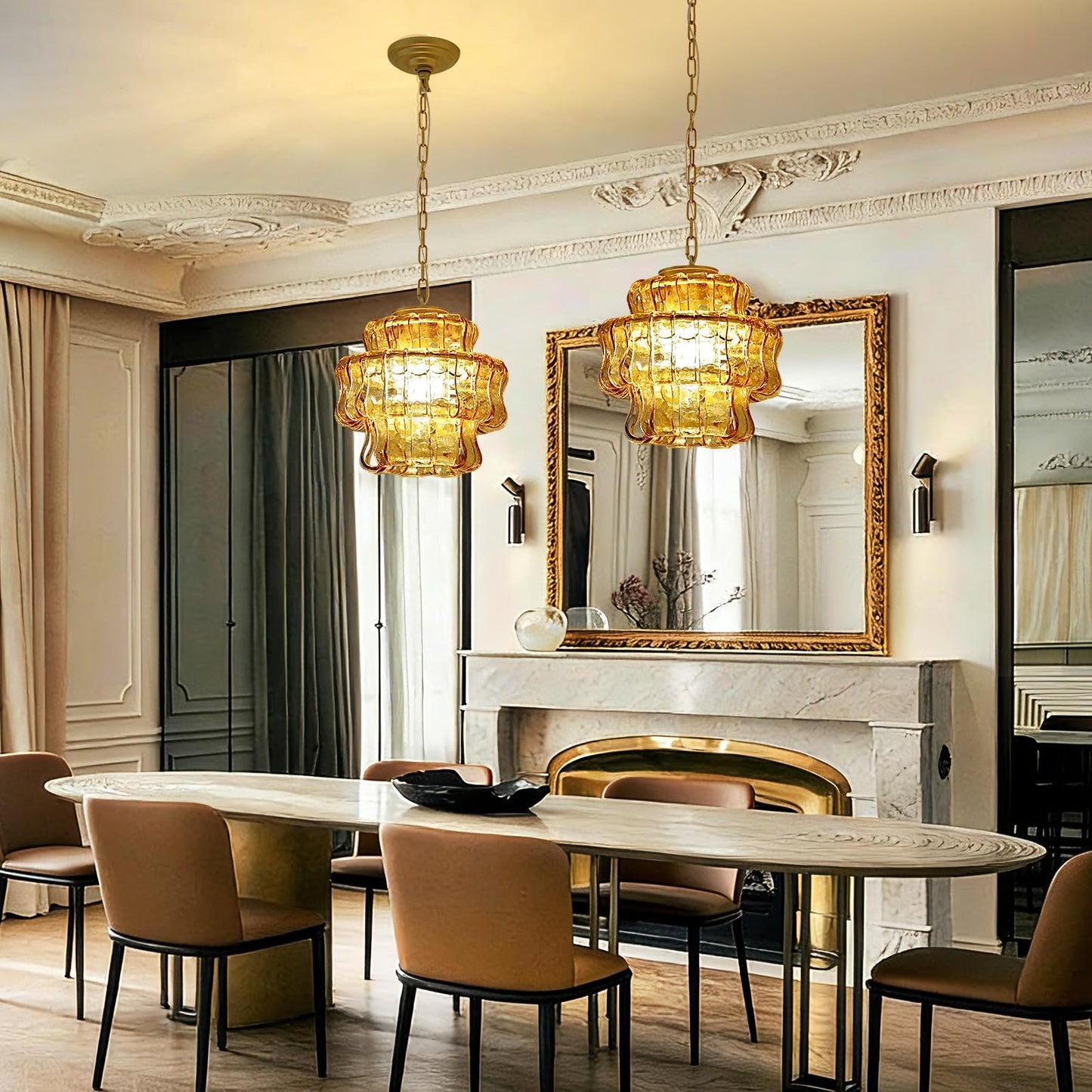 Arziheg 11.8in Kitchen Island Pendant Lights Gold, 4-Light Glass Dining Room Light, Height Adjustable 3 Layer Luxury Modern Pendant Light Fixture for Foyer Bedroom Entryway Hallway(Amber Glass)