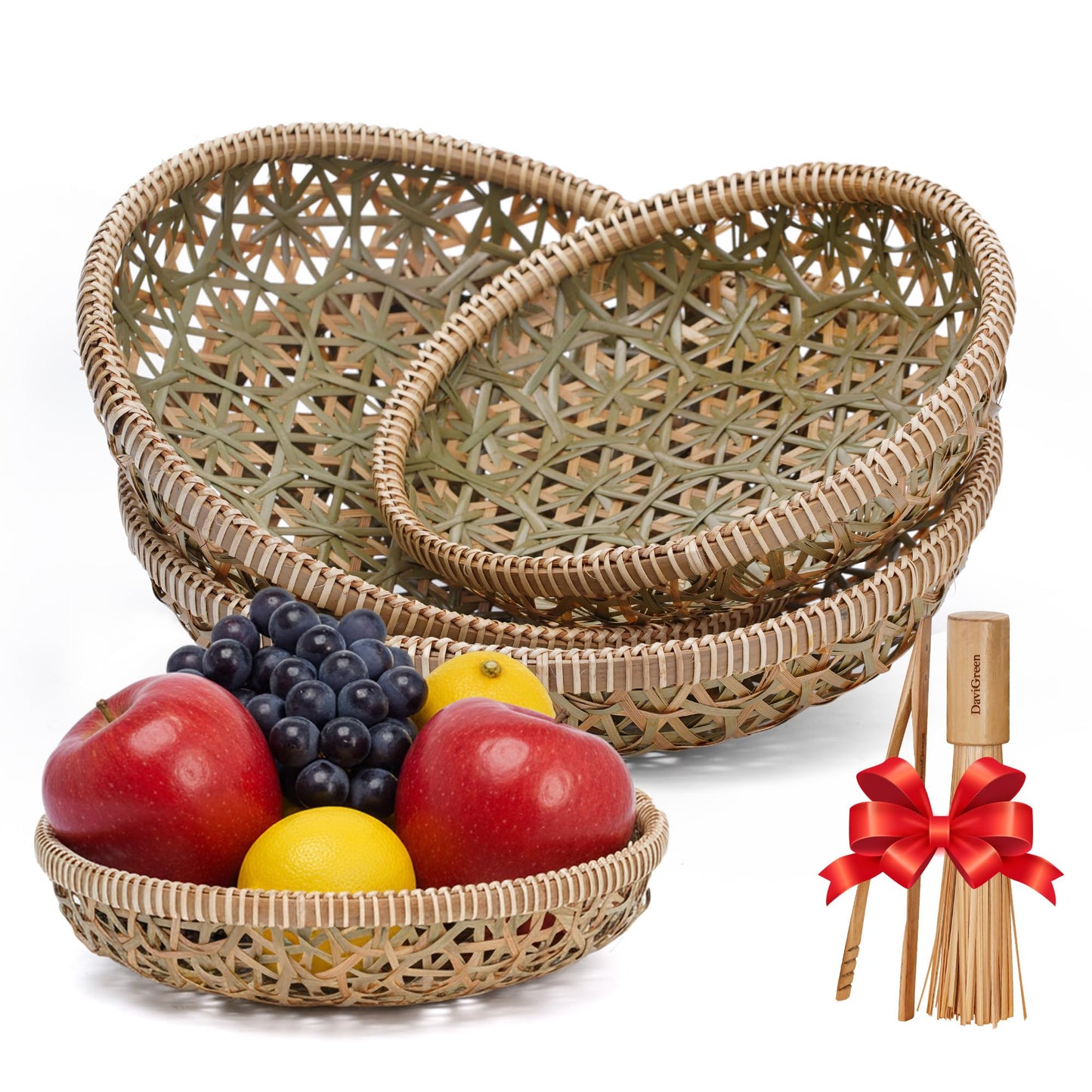 DaviGreen Handwoven Bamboo Basket Set of 3, Decorative Wall Basket, Boho Woven Basket Decor, Round Serving Basket for Bread & Fruit, Artisan Bamboo Storage + Tongs & Brush