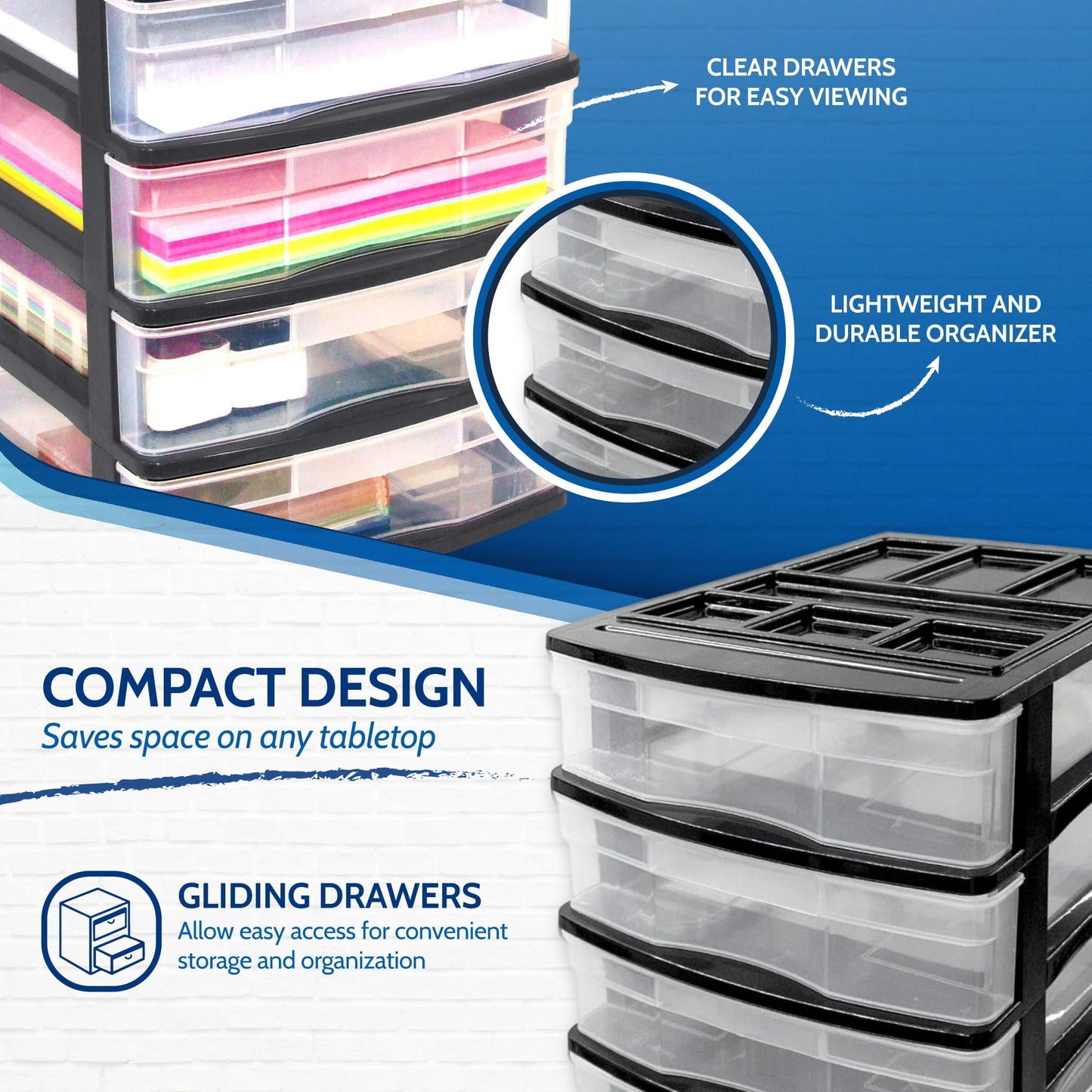 Gracious Living 4-Drawer Desktop and Countertop Storage Organizer Drawer Set, Plastic Office Desk Organizer, Black/Clear