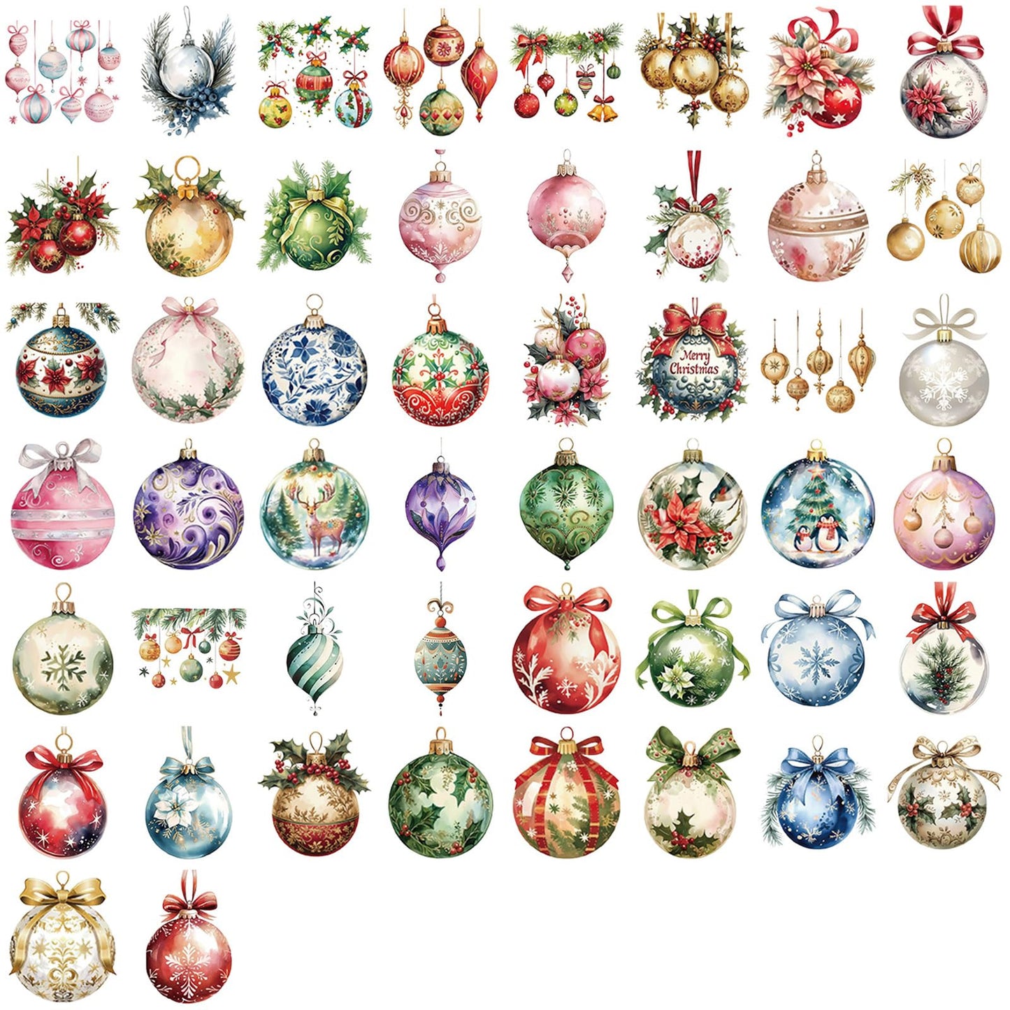 50 Pieces Christmas Themed Transparent Stickers for Scrapbooking, Ornament Ball Self-Adhesive Scrapbooking Stickers Supplies Journal Stuffers for Adult Card Making Letters DIY