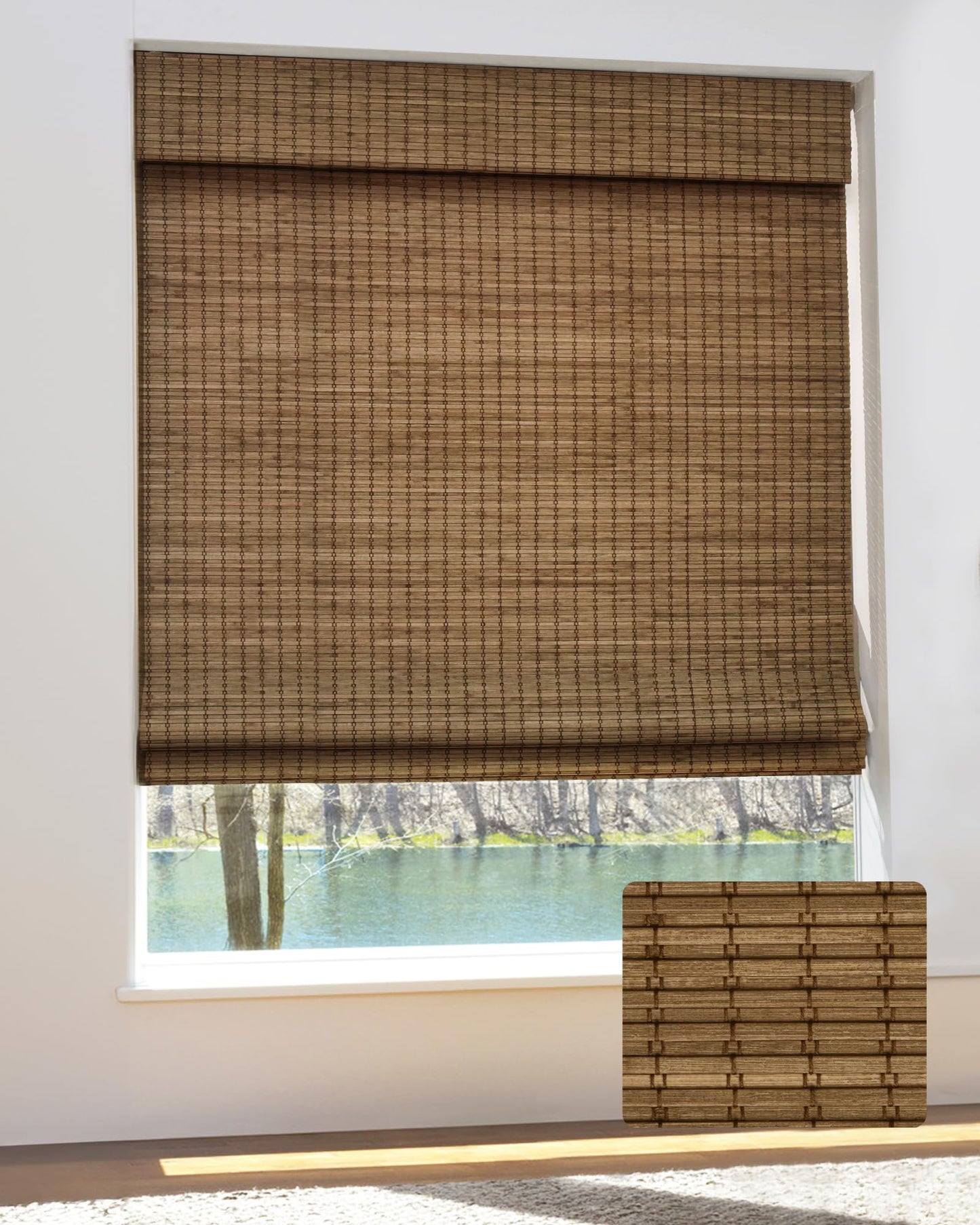 UNISHADES Cordless Bamboo Roman Shades for Windows, Blinds Size (26.5" W ×48" H) Colour (Highfield Teak)