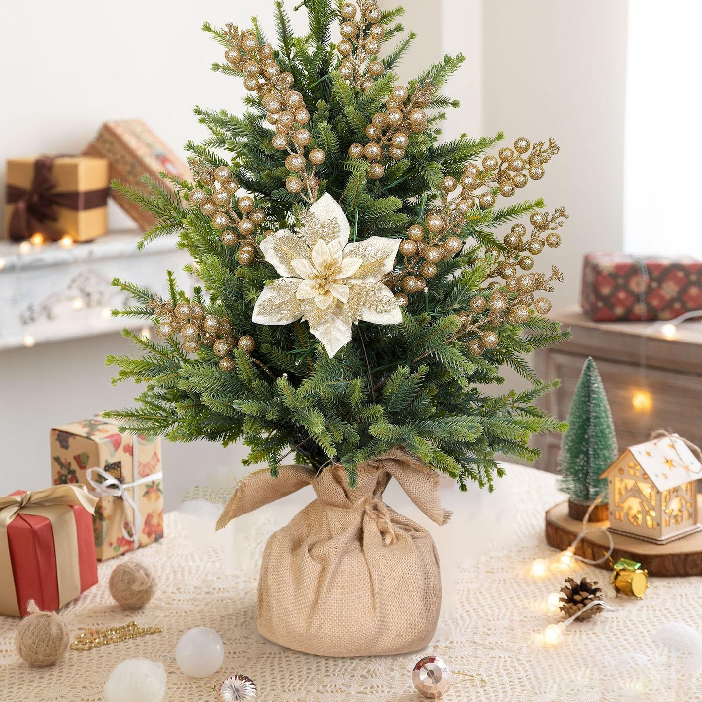 Alupssuc 24 Pieces Christmas Tree Decorations, 12 PCS Gold Poinsettia Flowers Artificial and 12 PCS Glitter Christmas Tree Picks for Christmas Decorations Party Wreath Fireplace Stairs, Gold