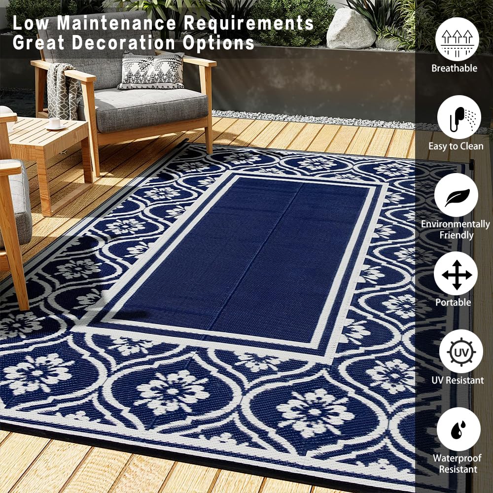 HUGEAR Plastic Outdoor Rug 6'x9' Waterproof Camping Carpet Outside Reversible Area Rug Blue Rugs for RV Deck Entryance Porch Picnic Balcony Beach