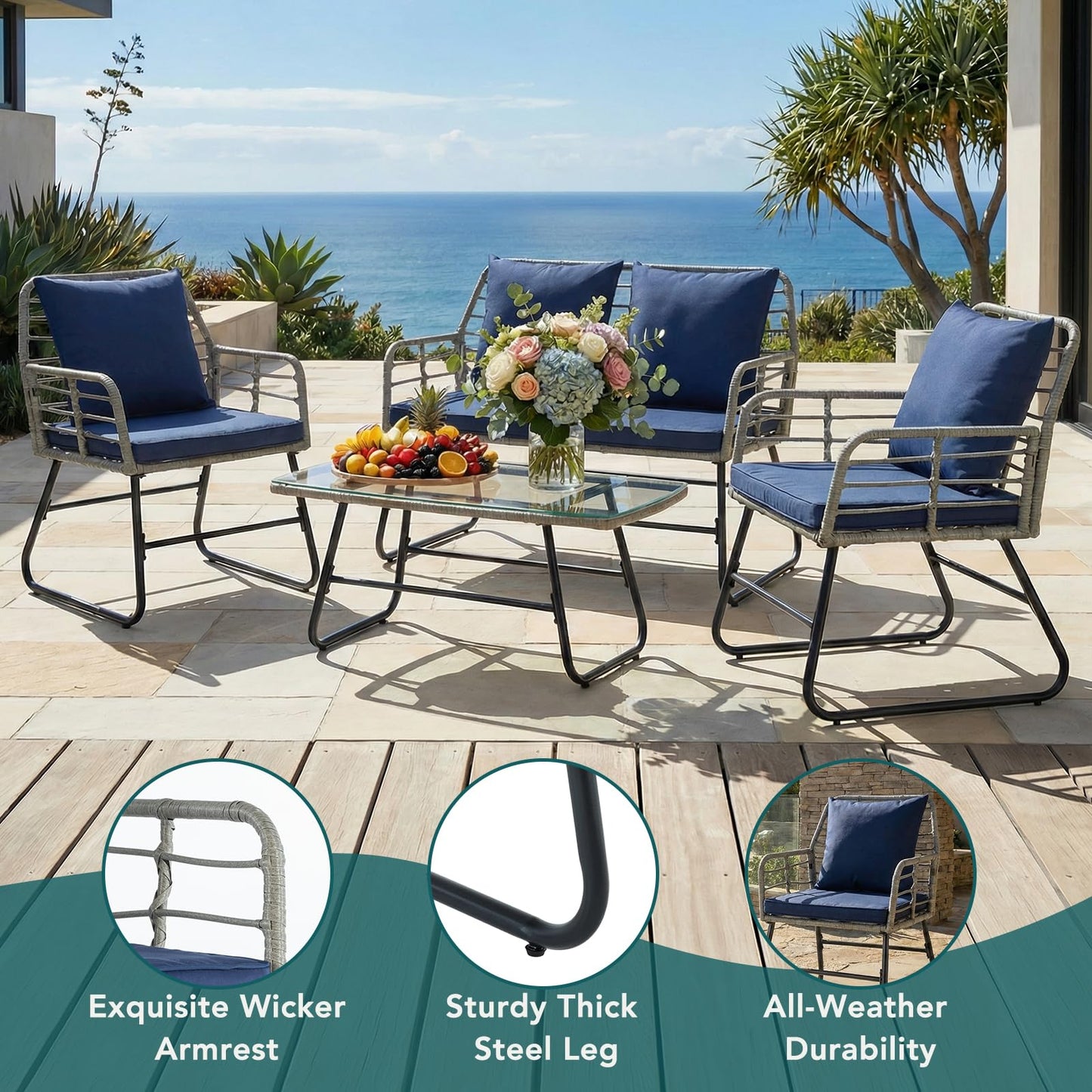DUMOS Outdoor 4 Piece Patio Furniture Set, Wicker Patio Set with Thick Sandwich Structure Cushions, Deep Seating All-Weather Rattan Sofa and Functional Glass Table for Porch, Lawn, Grey