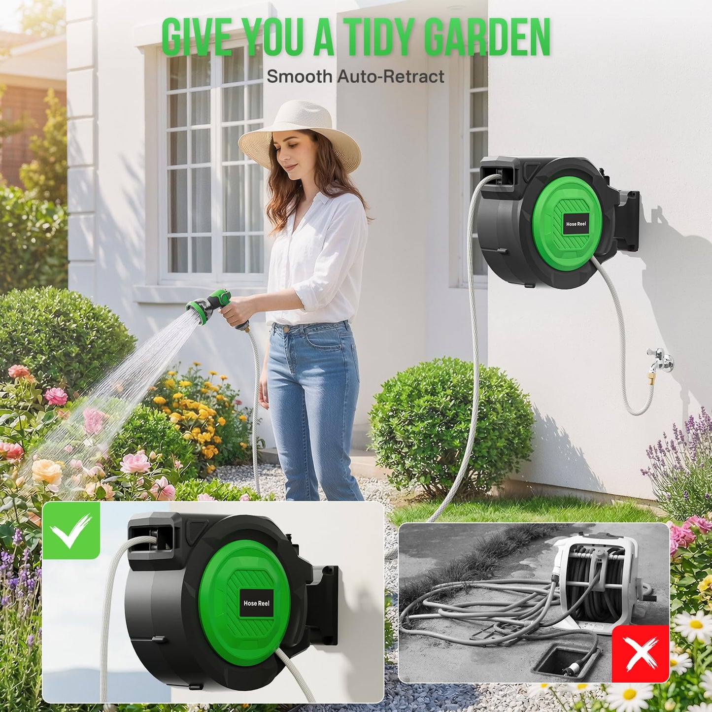 Retractable Garden Hose Reel, 1/2 in x 100 ft Heavy Duty Wall-Mounted Hose Reel with 180° Swivel Bracket, 10-Pattern Nozzle, Automatic Slow Return System, Any Length Lock for outside Watering,Cleaning