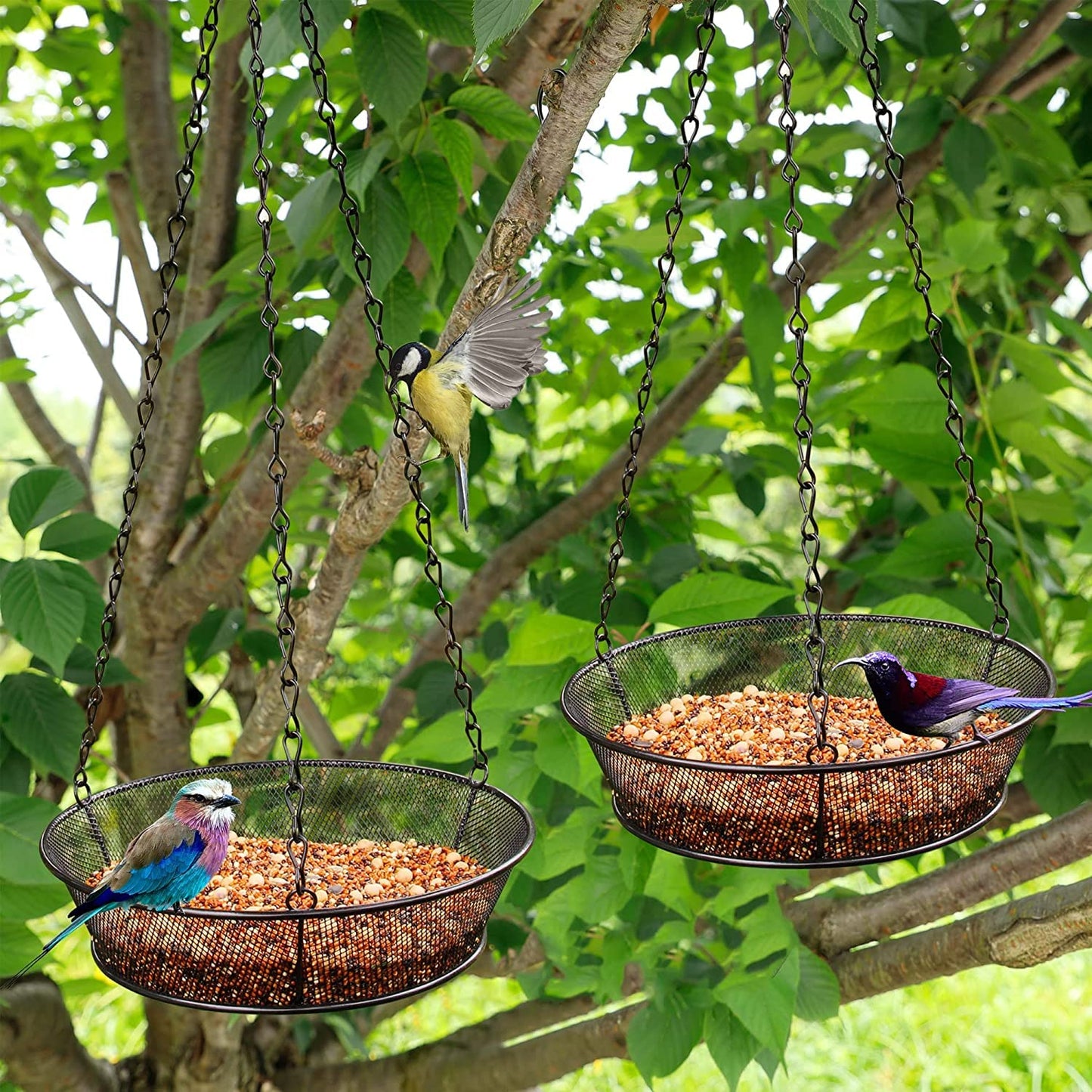 2 Pack Hanging Bird Feeder, Bird Feeder for Garden Yard Outside Hanging Feeder Tray - Metal Mesh Platform Feeders for Outside Outdoors for Attracting Birds