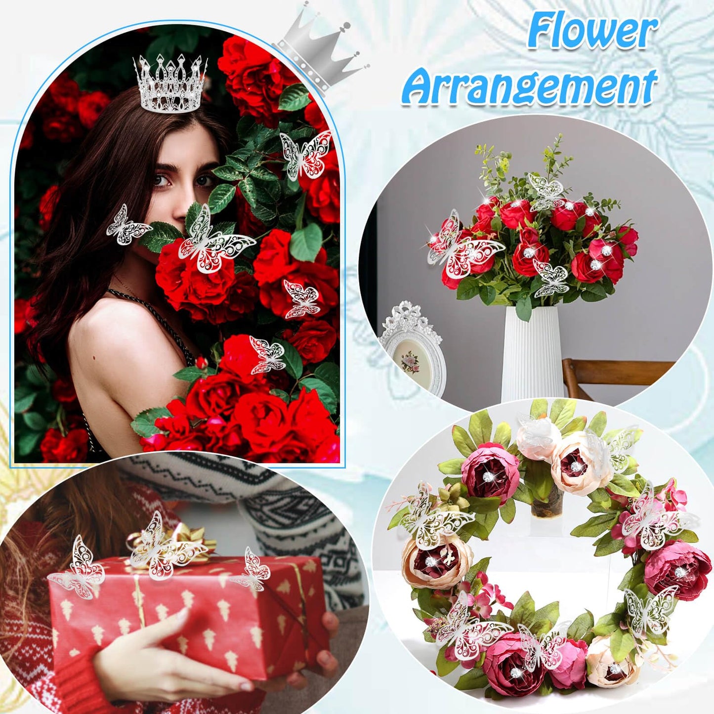 cridoz Flower Bouquet Accessories Including 4 Pcs Silver Crowns, 12 Pcs Butterfly Decorations and 50 Pcs Flower Pins for Flower Bouquets and Cake Topper Decoration