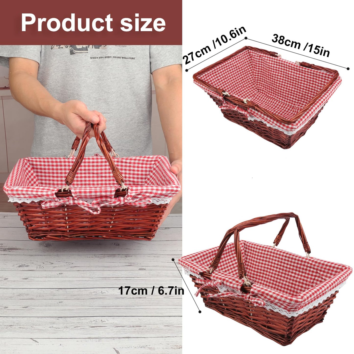 Yiksonyo 2 Pack 13.78 Inch Rectangle Willow Basket, Wicker Basket with Double Handle, Willow Woven Picnic Basket, Perfect for Easter, Picnic, Decor, Storage, and Wedding(Medium & Reddish Brown)
