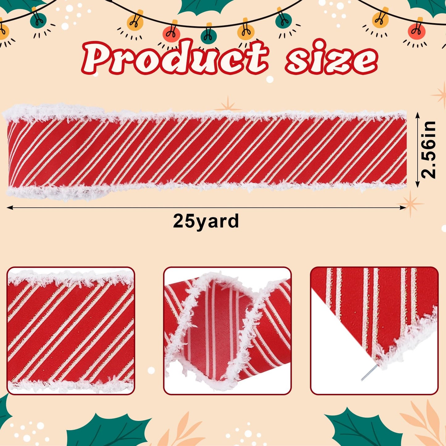 On-Airstore Christmas Fabric Ribbon 25 Yards Red White Stripe Ribbons Wired Velvet Edge Xmas Glitter Burlap Decor Ribbon for Christmas New Year Party Gift Wrapping Craft Hanging Decoration Supplies