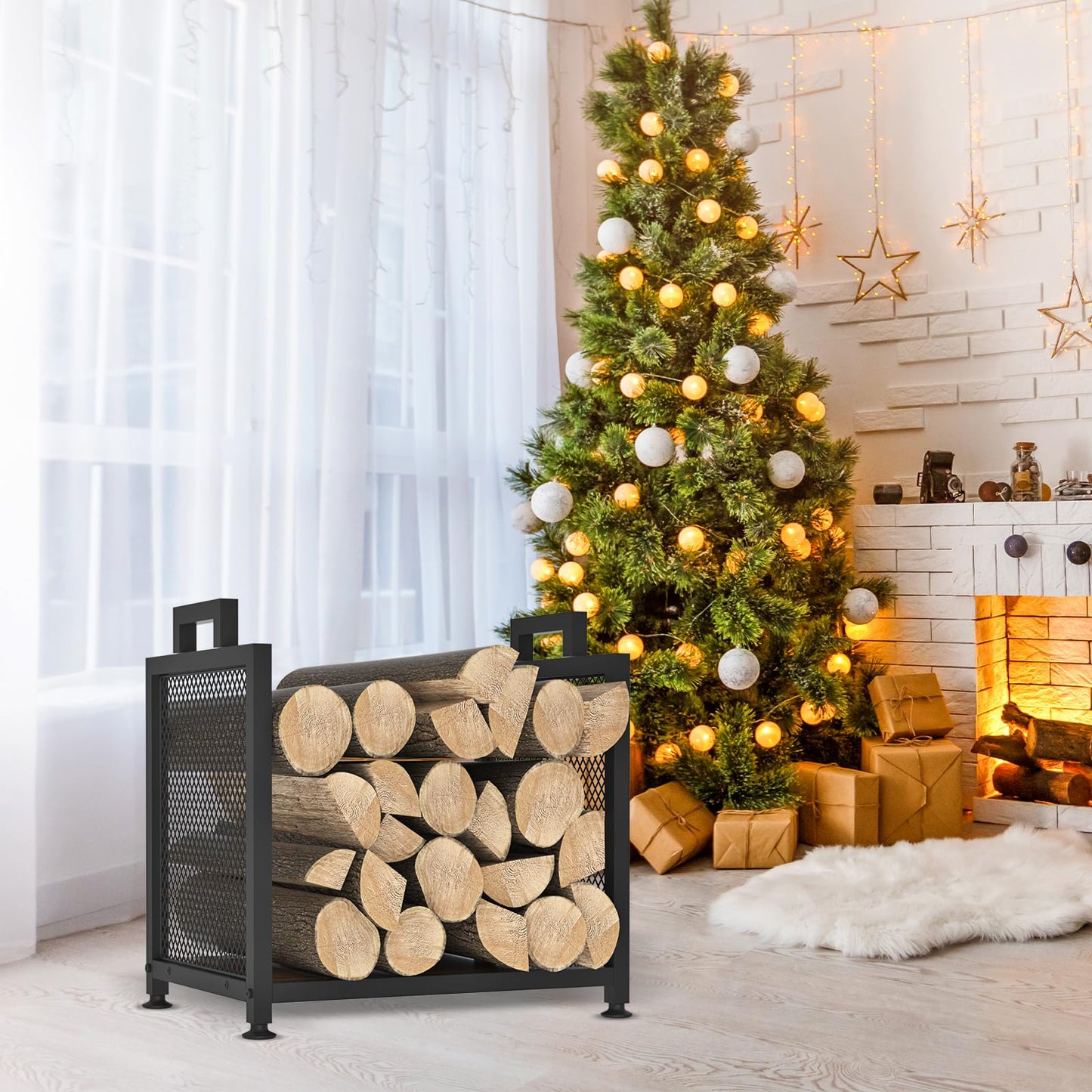 VyGrow Firewood Rack for Indoor, Heavy Duty Fire Wood Racks Holder, 17.32" Metal Wood Storage Log Holder with Leather Carrier, Small Firewood Stand for Fireplace Patio Deck, Black