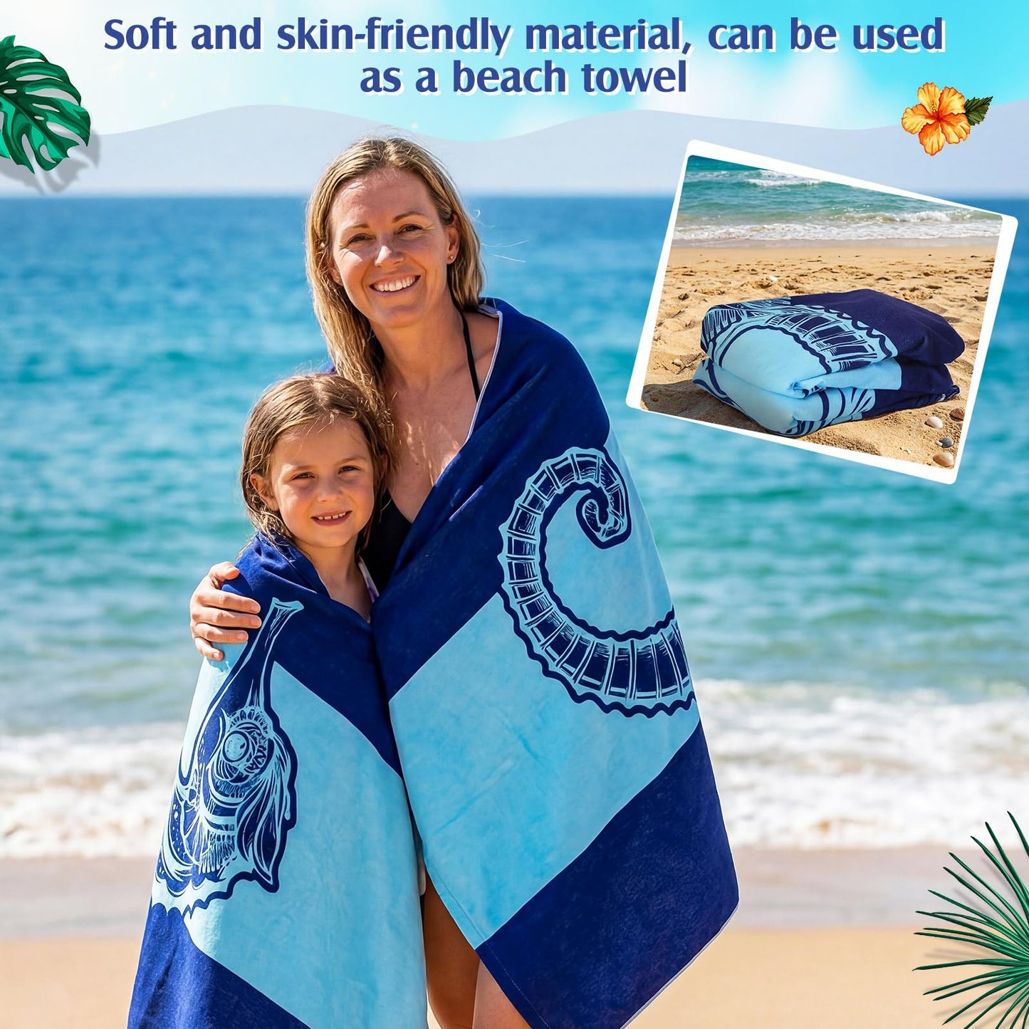 Hillsuren 2 Pcs Pool Lounge Chair Towel Cover with 3 Pockets, 85 x 30 Inch Beach Pool Chair Towels Microfiber Chaise Lounge Covers for Outdoor Summer Sunbathing Beach Garden Lounger(Haima Whale)