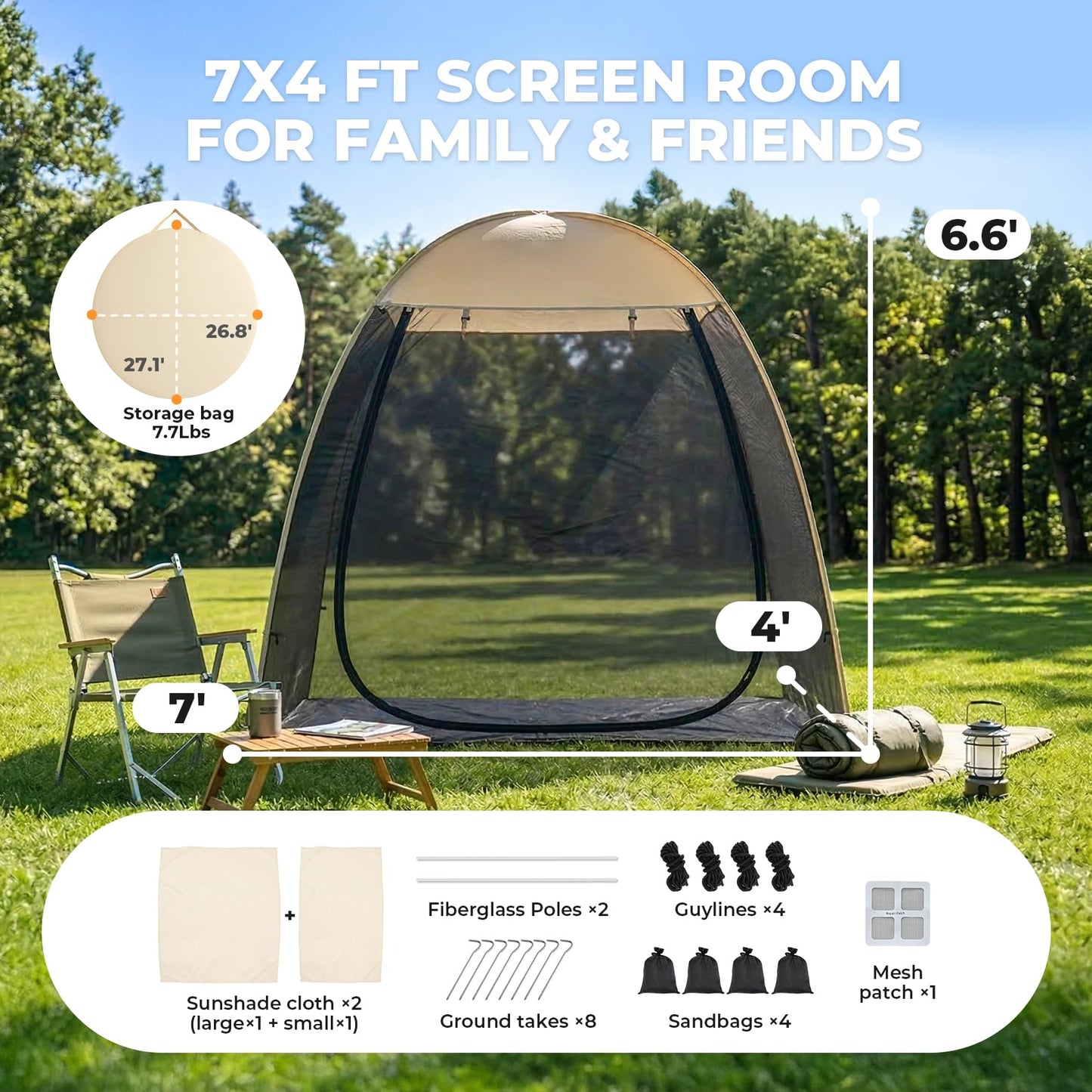 Alvantor® Pop Up Screen House Tent, 7'x4' Instant Camping Screen Room, Screen Gazebo Canopy for Patios/Deck/Backyard, Portable Mesh Tent with Shade Cloths, Easy Set Up, 2-3 Person