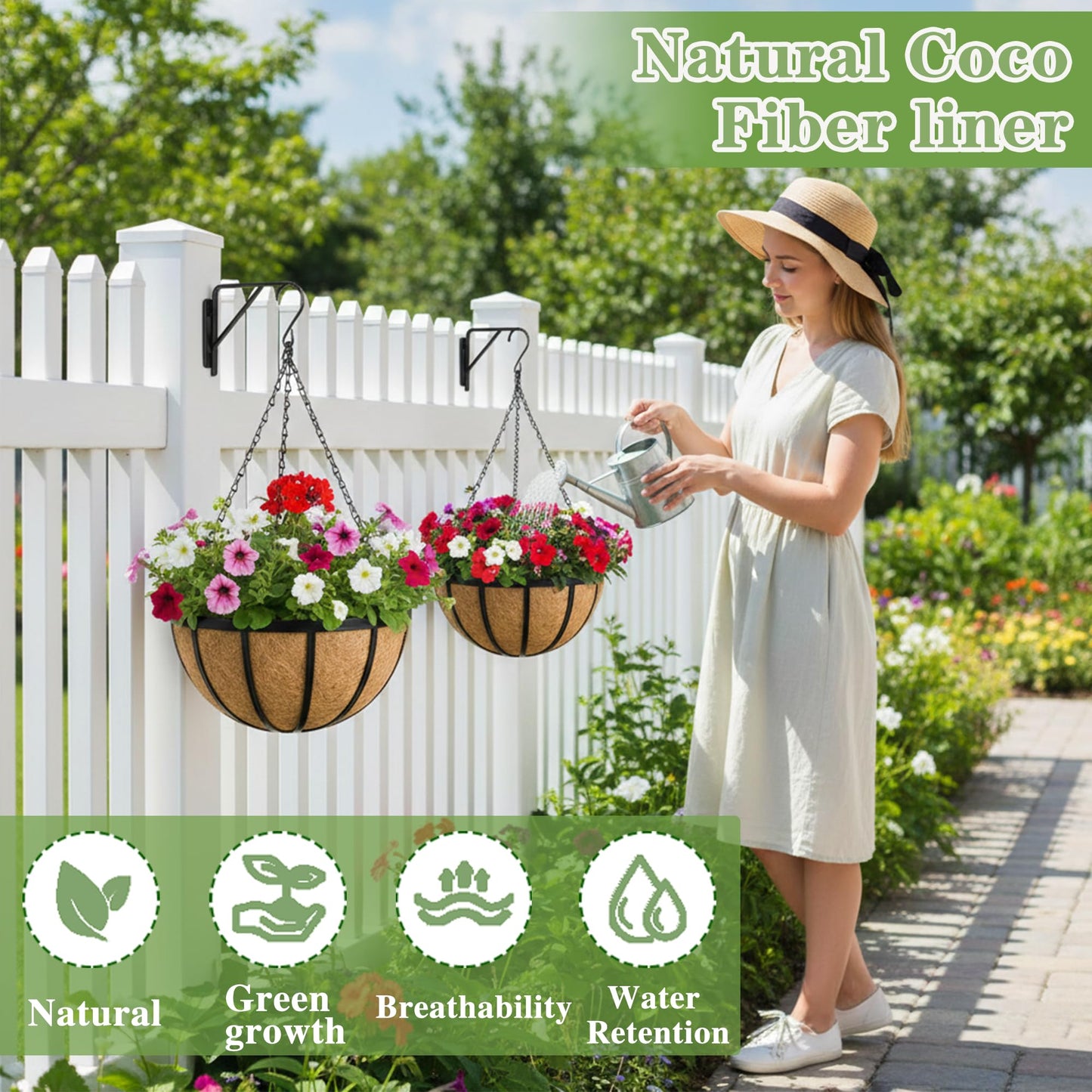 Black Flat Iron Metal Hanging Planter Basket with Coco Coir Liner(4 Pack, 14 Inch) Hanging Planters for Outdoor Plants Round Plant Flower Pots Hanging Flower Basket for Outdoor Patio Garden Decoration