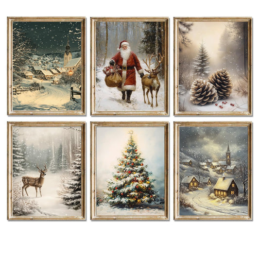 Vintage Christmas Wall Art Prints – Set of 6 Rustic Winter Holiday Posters with Santa Claus,Reindeer,Christmas Tree & Snowy Village Scene, Classic Farmhouse Christmas Decorations for Living Room,Bedroom & Fireplace