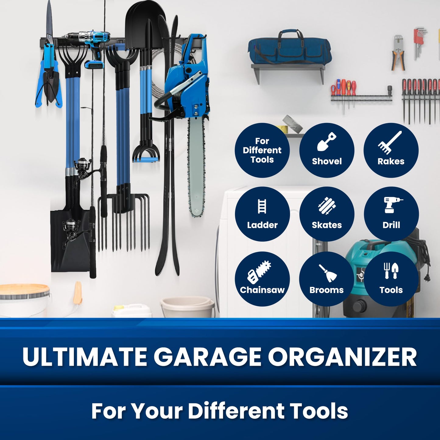 SUKIZZ 96'' All-Metal Garage Tool Organizer Wall Mount – Heavy-Duty Tool Rack Holds 960 lbs, Adjustable Hooks for Garage, Yard, and Garden Equipment