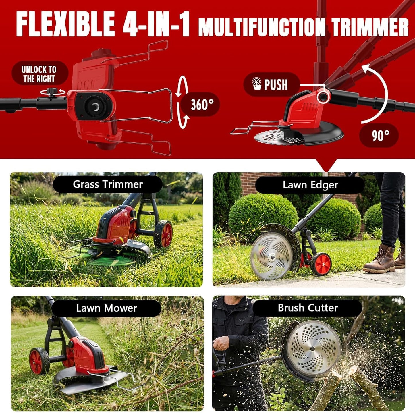 6000mAh Electric Weed Eater Battery Powered,12″ Brushless Electric Weed Wacker Cordless Wheeled String Trimmer,4 in 1 Grass Trimmer/Brush Cutter/Grass Edger/Weed Trimmer 5 Blade, 2 Battery (Red)