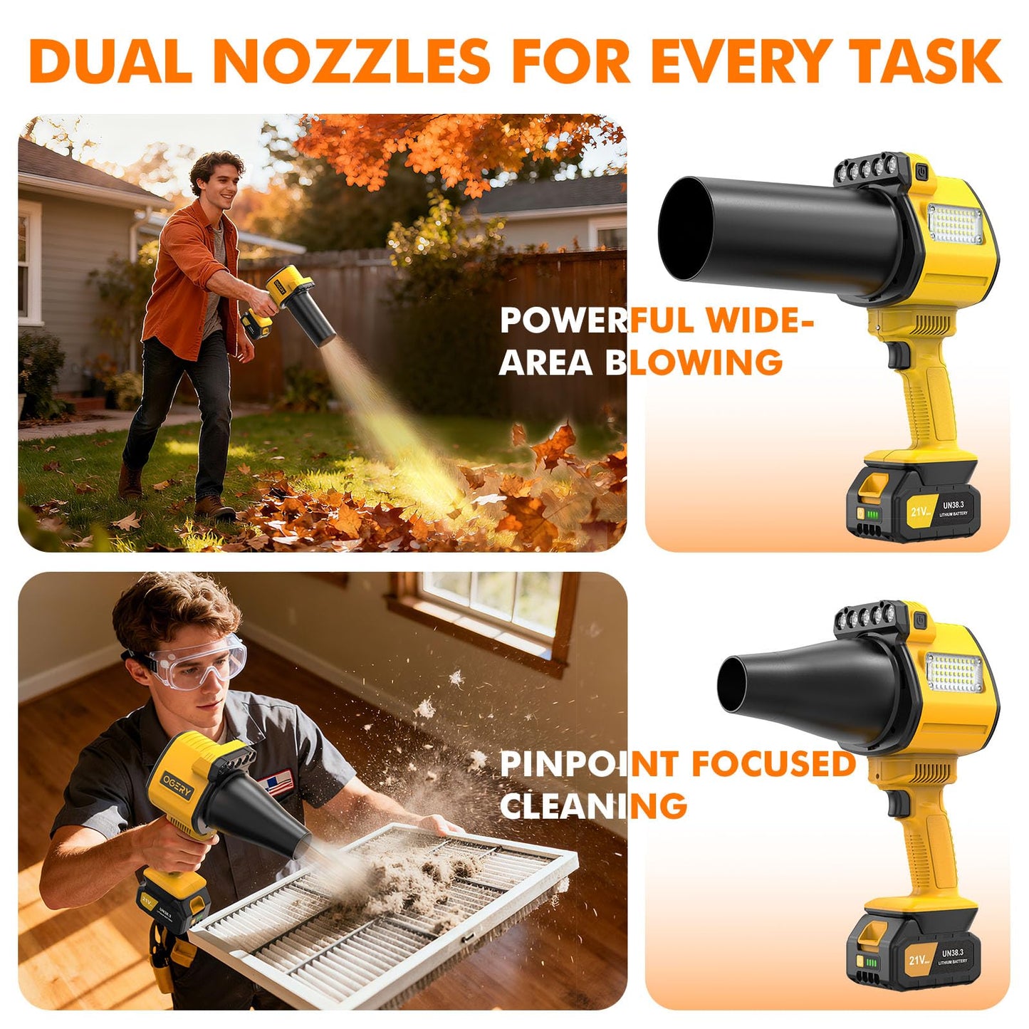 OGERY Brushless Leaf Blower Cordless with Lights, Powerful Electric Leaf Blowers with 2 x 3.0Ah Batteries & Fast Charging, 700CFM 900G Wind Pressure Handheld Blower for Lawn Care Yard Garden, Yellow