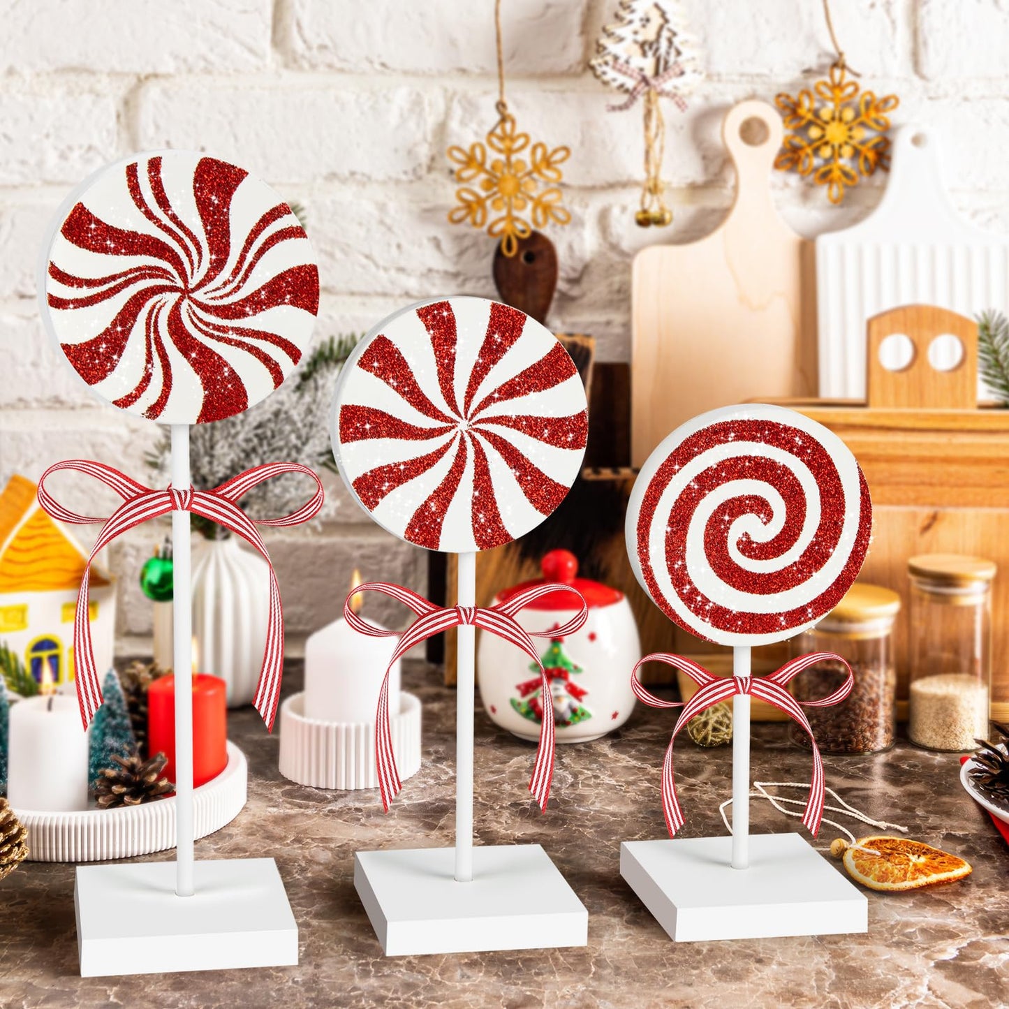 3 Pieces Christmas Table Decorations Wood Candy Set, Red Christmas Tiered Tray Decor,Rustic Candy Table Decorations for Home Tables(Cute)