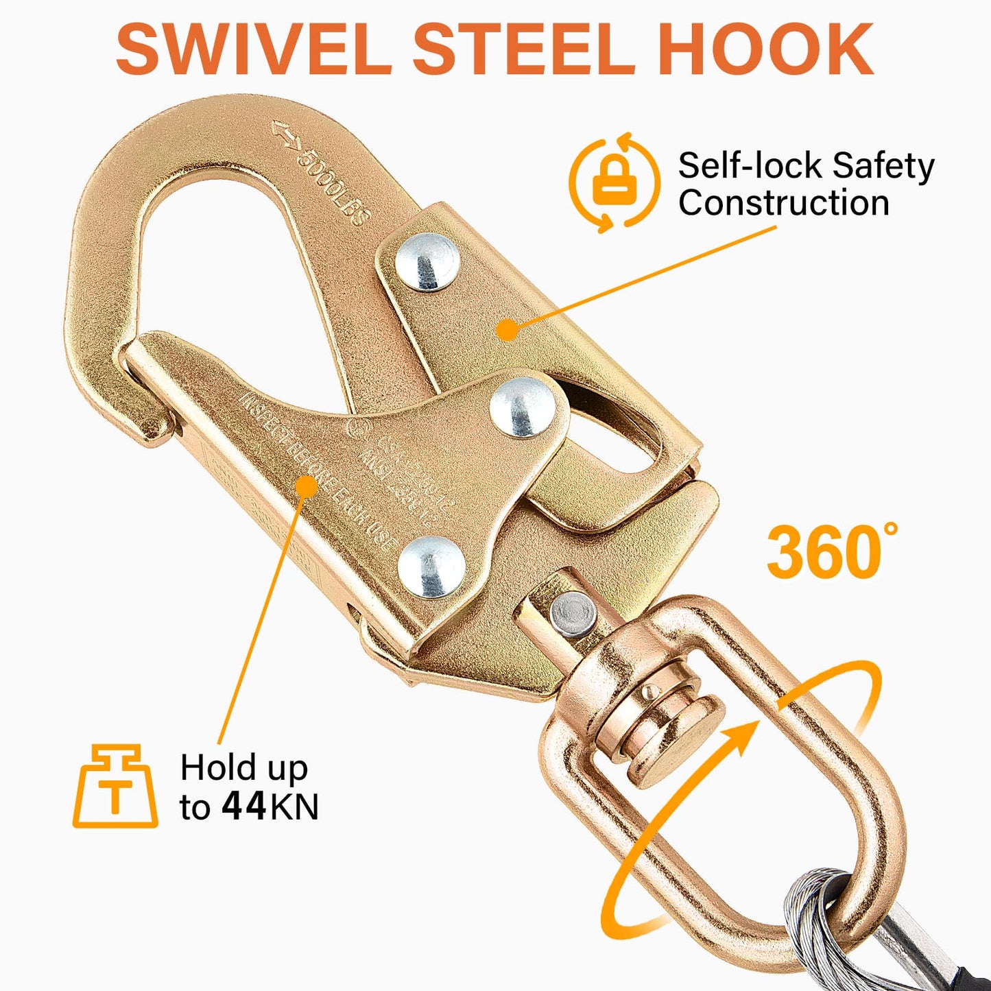 Steel Wire Core Flipline - 8ft Fall Protection Arborist Climbing Tree Arborist 1/2" Galvanized Steel Cable Lanyard Kit with Swivel Snap Hook Triple Lock Carabiner Rope Grab Adjuster