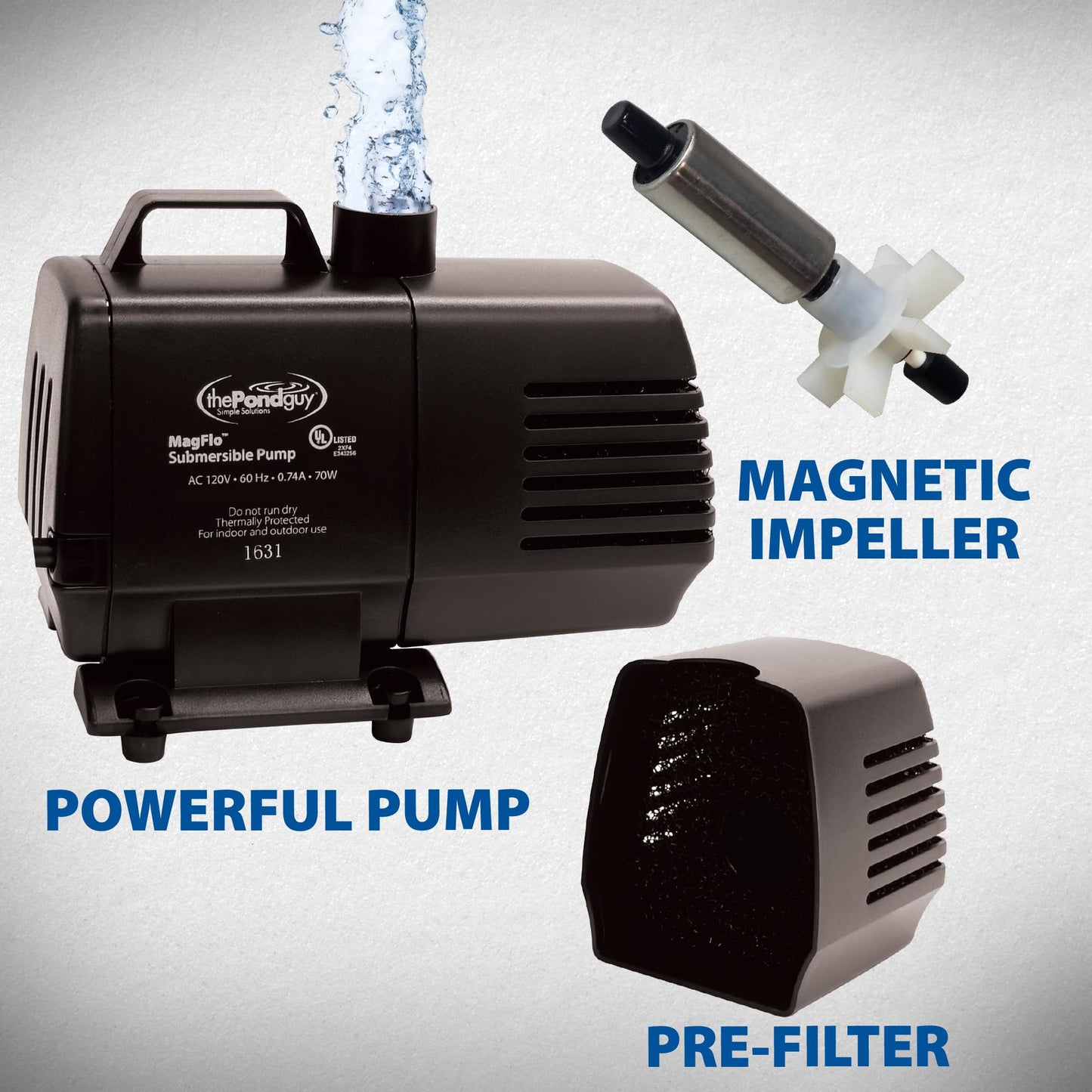 The Pond Guy MagFlo High-Efficiency Compact Pump for Small Water Gardens, Quiet Multi-Purpose System for Waterfalls, Fountains or Spitters, 1340 GPH