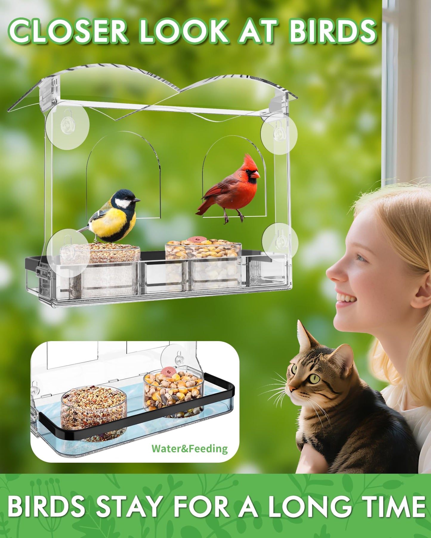 COJOSQC Window Bird Feeder with Strong Suction Cups, Clear Acrylic Design for Close-Up Bird Watching, Durable, Weatherproof, Easy to Install, Large Seed Tray, Drain Holes to Keep Food Dry, For Outdoor