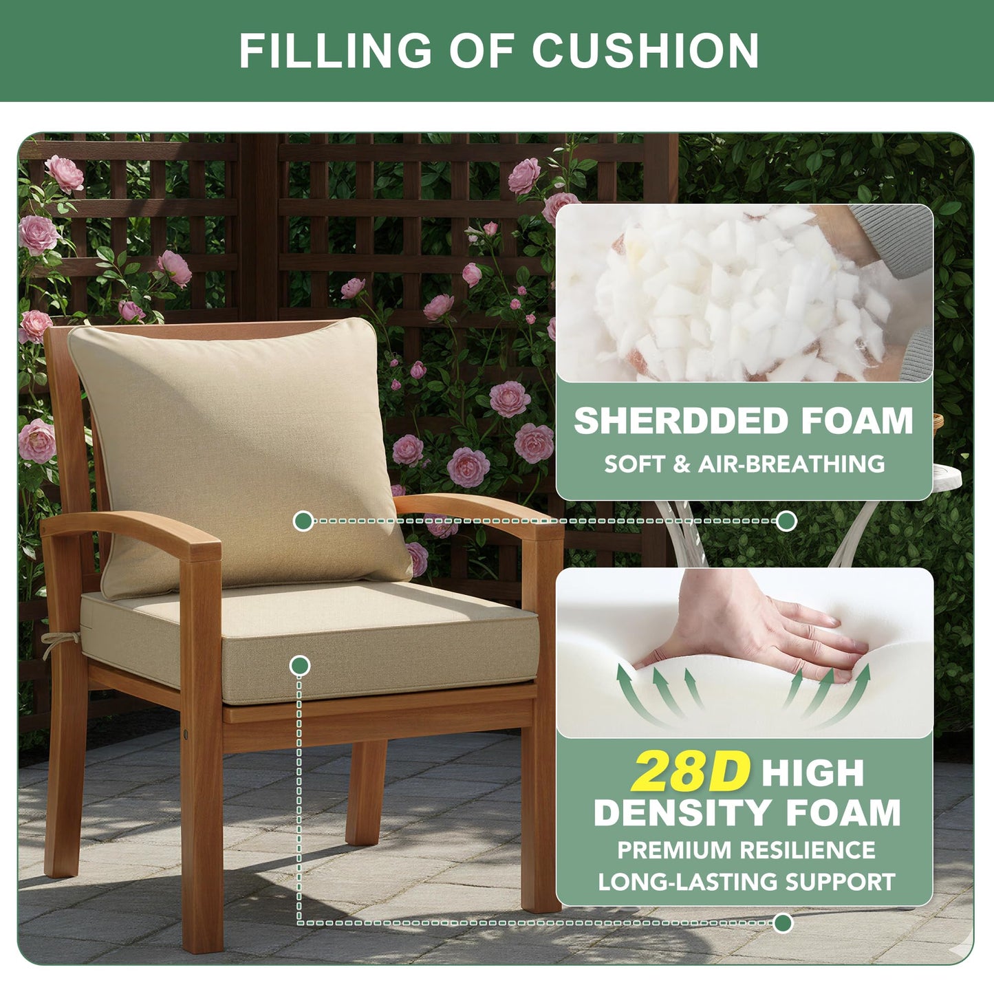 Summsun Outdoor Chair Cushions Set of 4, Faux Linen Patio Furniture Cushions, Water Resistant Backrest and Deep Seat Cushion Set with Ties, Removable Cover, Non-Slip Bottom, 24 x 24 Inch, Nature
