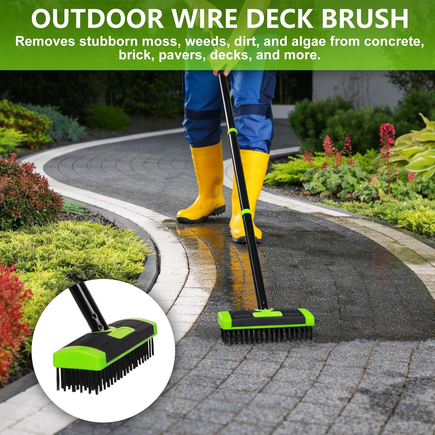 Crack Weeder Brush Long Handle 3-in-1 Wire Floor Scrubber Brush Crack Weeder Tool - Manual Crevice Weeding Tool with Scraper , Weed & Moss Remover for Driveway, Patio, Garage, Deck, Pool, and Sidewalk