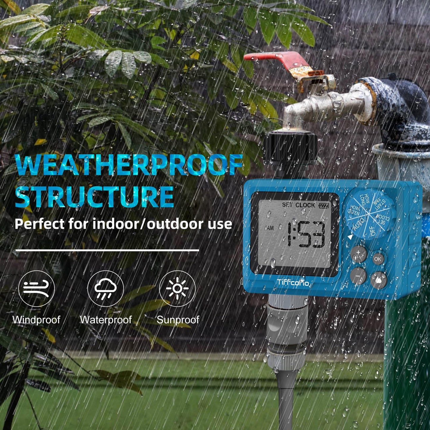 TiFFCOFiO Sprinkler Timer Outdoor, Digital Programmable for Garden Hose, Irrigrtion Timer with Rain Delay and Manual Mode (1 Pack)