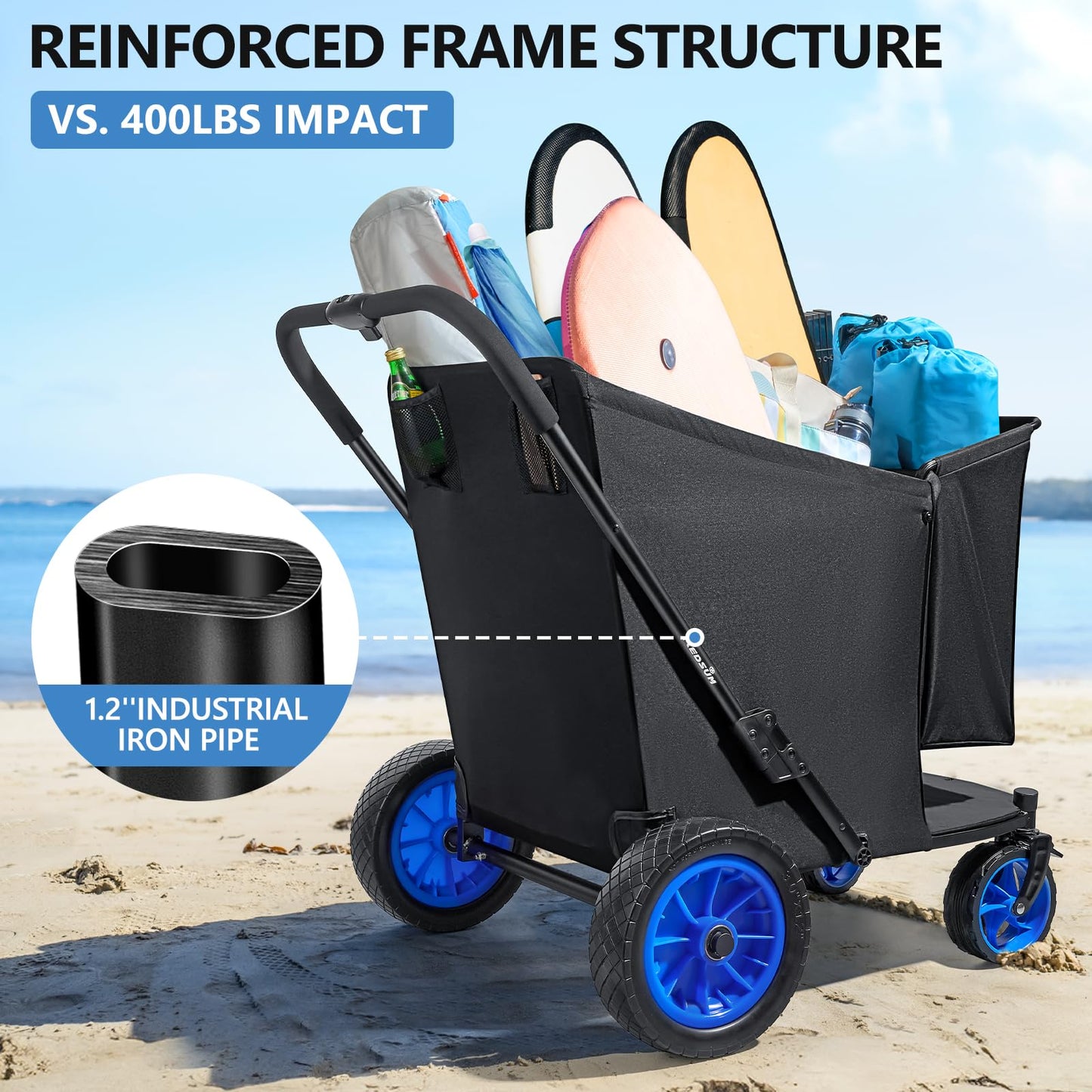 KEDSUM 11.3 Cu.Ft. 400LBS Large Capacity Beach Wagon with Big Wheels for Sand, 12" Rubber Wheels Beach Cart, Heacy Duty Collapsible Wagon for Sand, One-Click Foldable