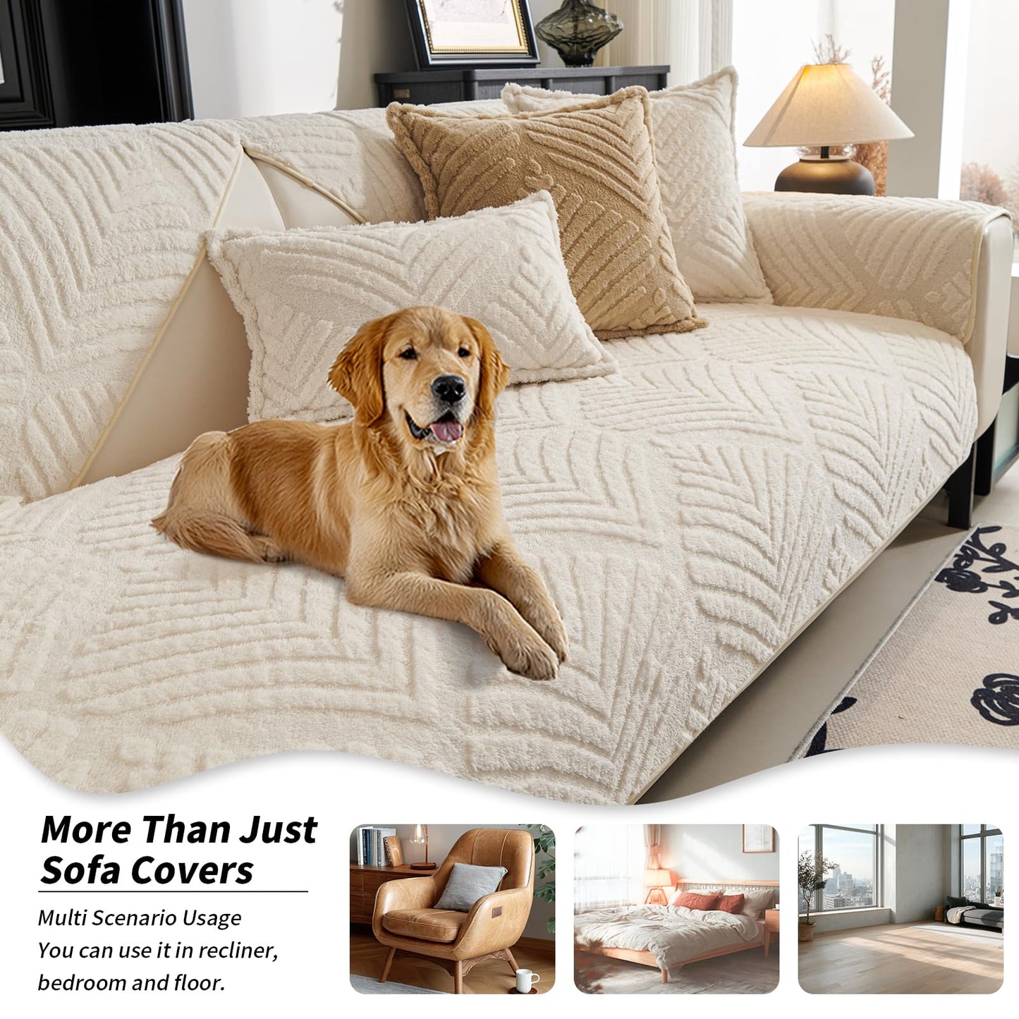 PJLZJFBY Sectional Couch Cover, Non-Slip Sofa Cover Plush Warm, Funny Fuzzy Pet Couch Covers for Sofa(2-3 Seater), Leaf Pattern Couch Protector for Dogs Washable(1PC, Beige White, 27.6"×70.9")