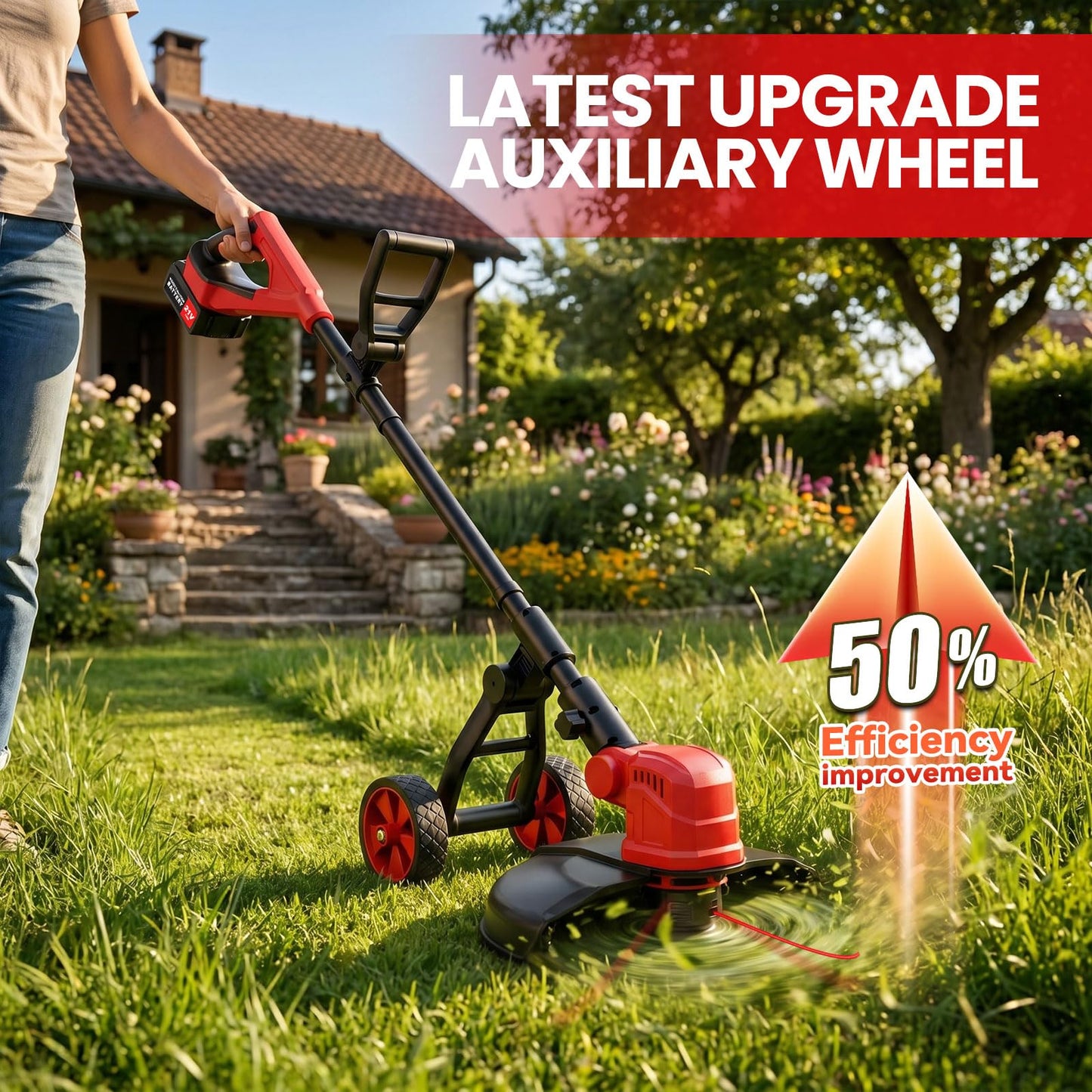 14" Weed Wacker 21V Cordless String Trimmer & Edger, Battery Powered Grass Trimmer with Auto Line Feed, 8 Replacement Spools & 2×3.0Ah Batteries Included