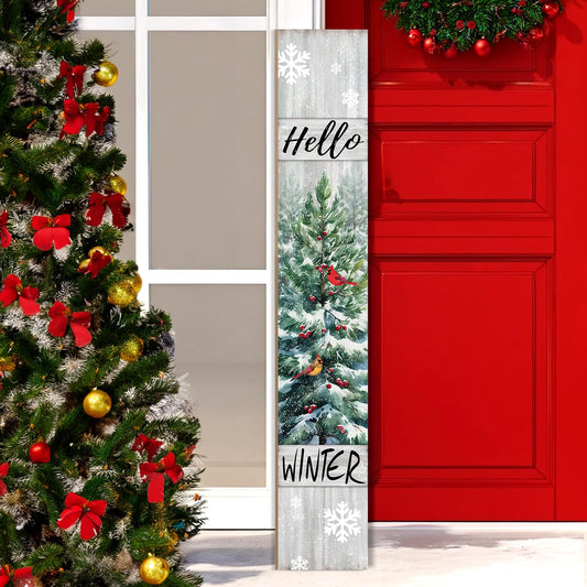 Welcome Standing for Front Porch, Hello Winter Sign for Xmas Door Decorations, Rustic Farmhouse Red Hanging Wall Sign for Christmas and Happy New Year Decor
